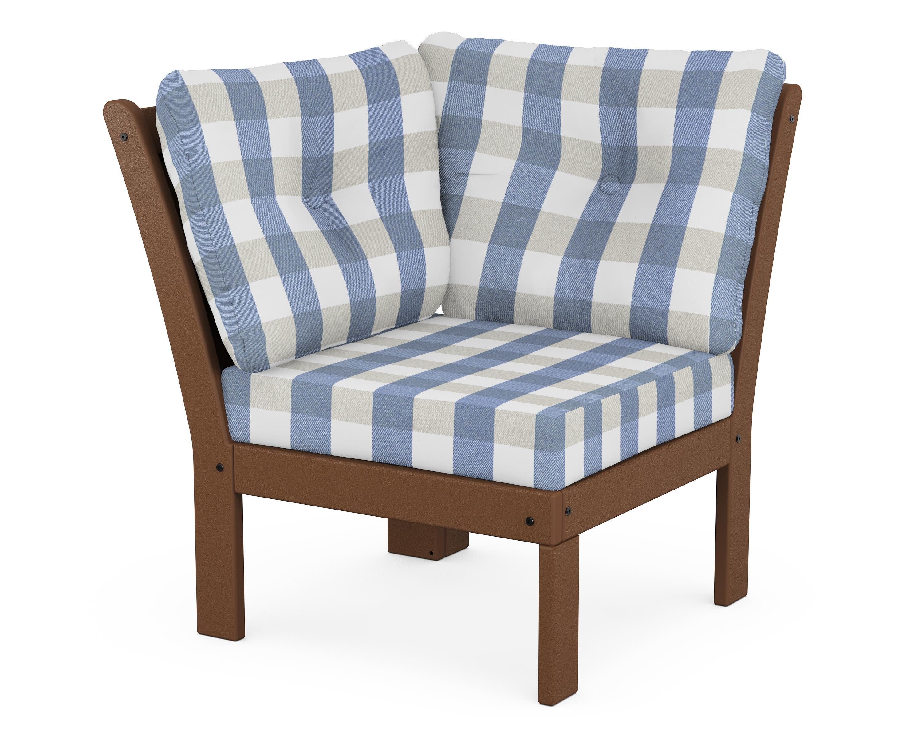 Vineyard Modular Corner Chair in Teak / Buffalo Plaid Sky Blue