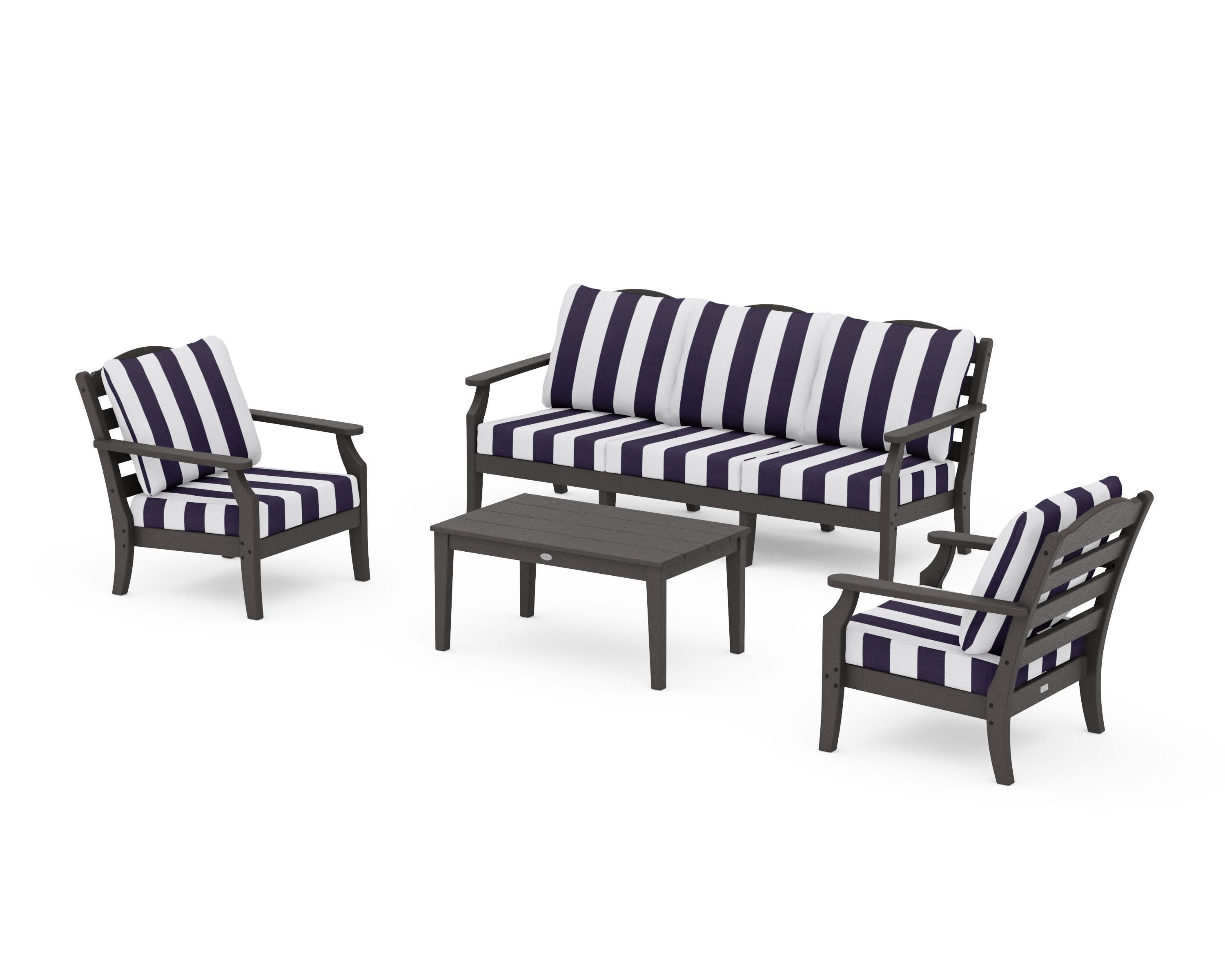 Savannah 4-Piece Deep Seating Set with Sofa in Vintage Coffee / Cabana Stripe Navy