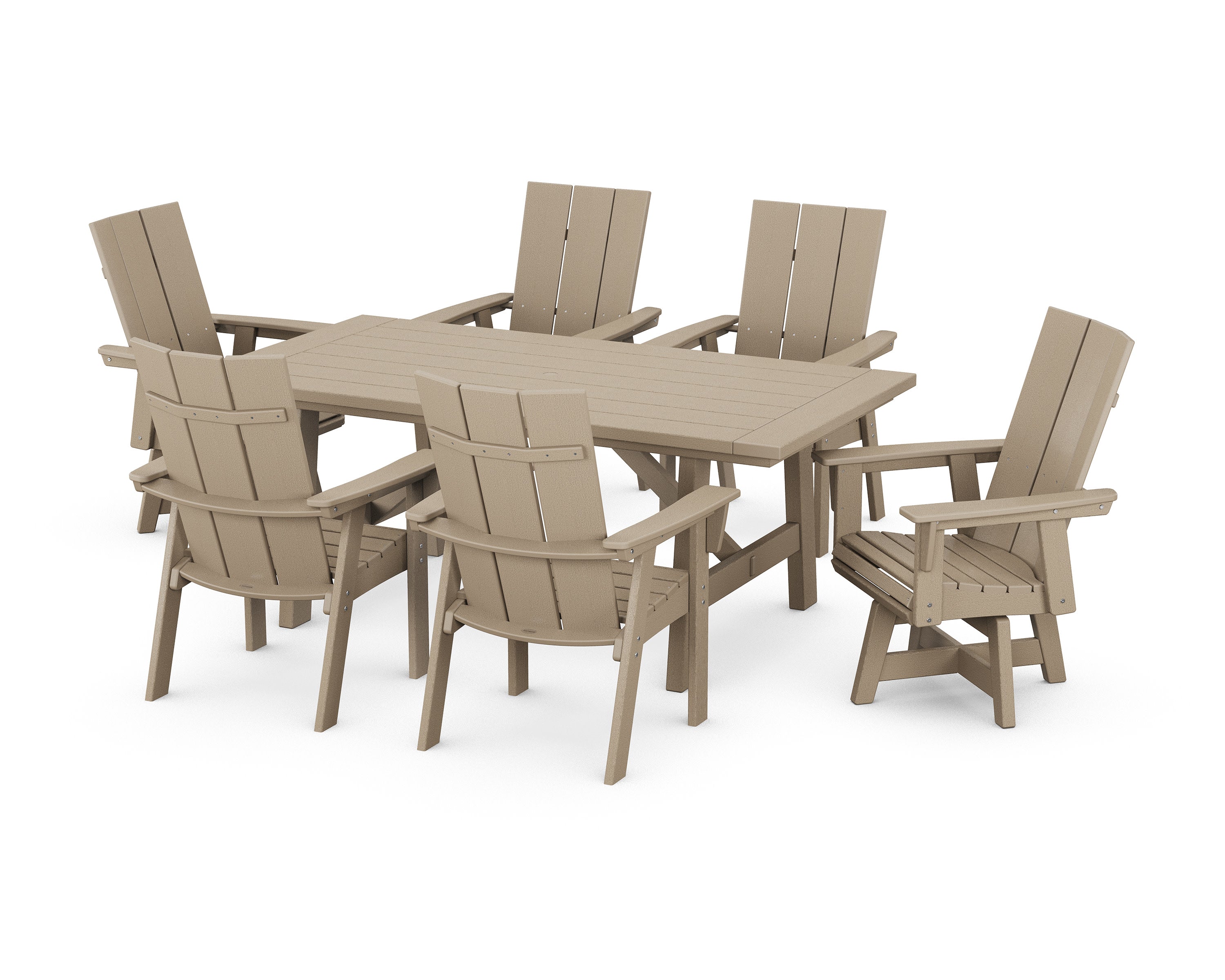 Modern Curveback Adirondack 7-Piece Rustic Farmhouse Swivel Dining Set in Vintage Sahara