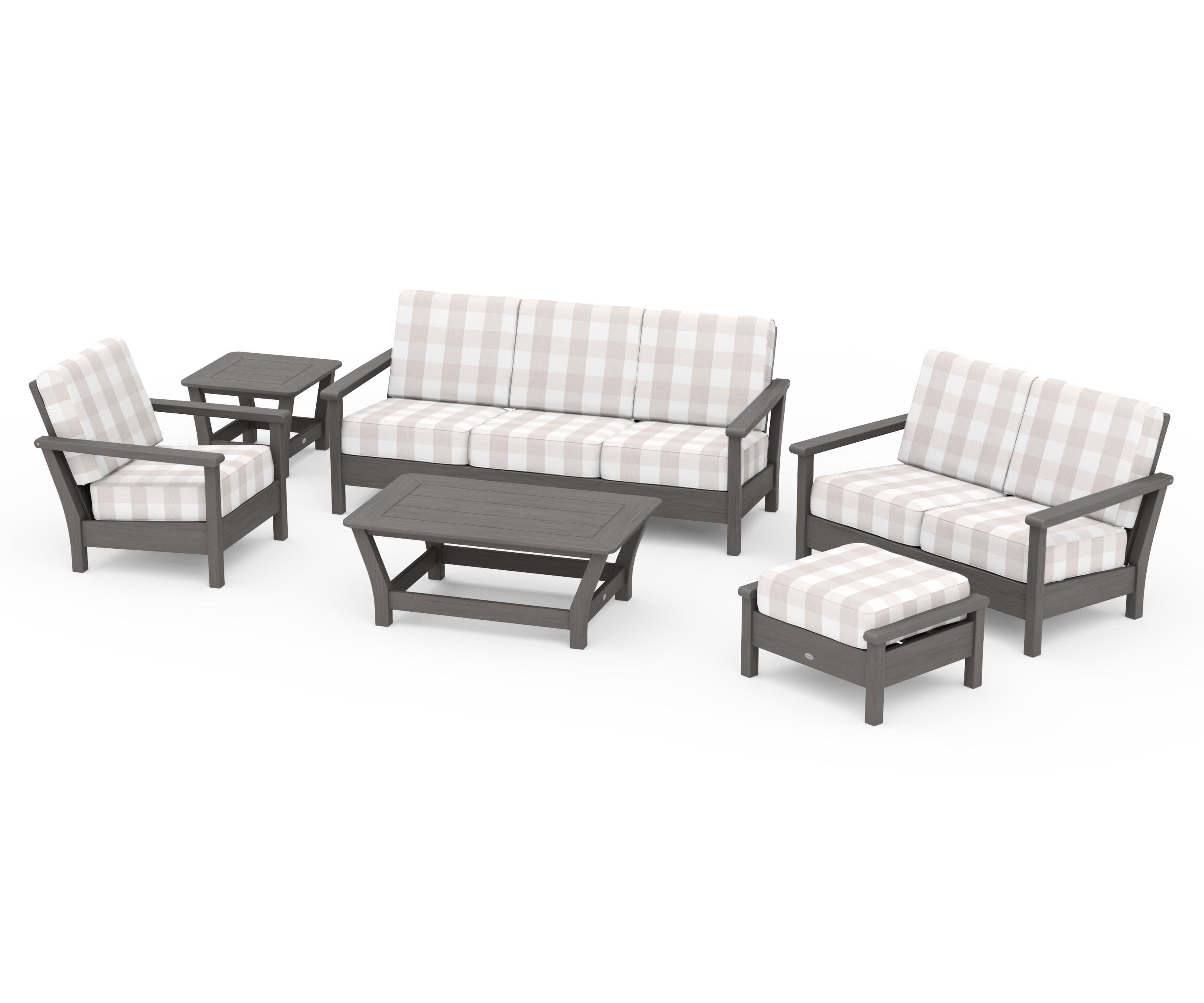 Harbour 6-Piece Outdoor Living Set in Driftwood / Buffalo Plaid Dune Burlap