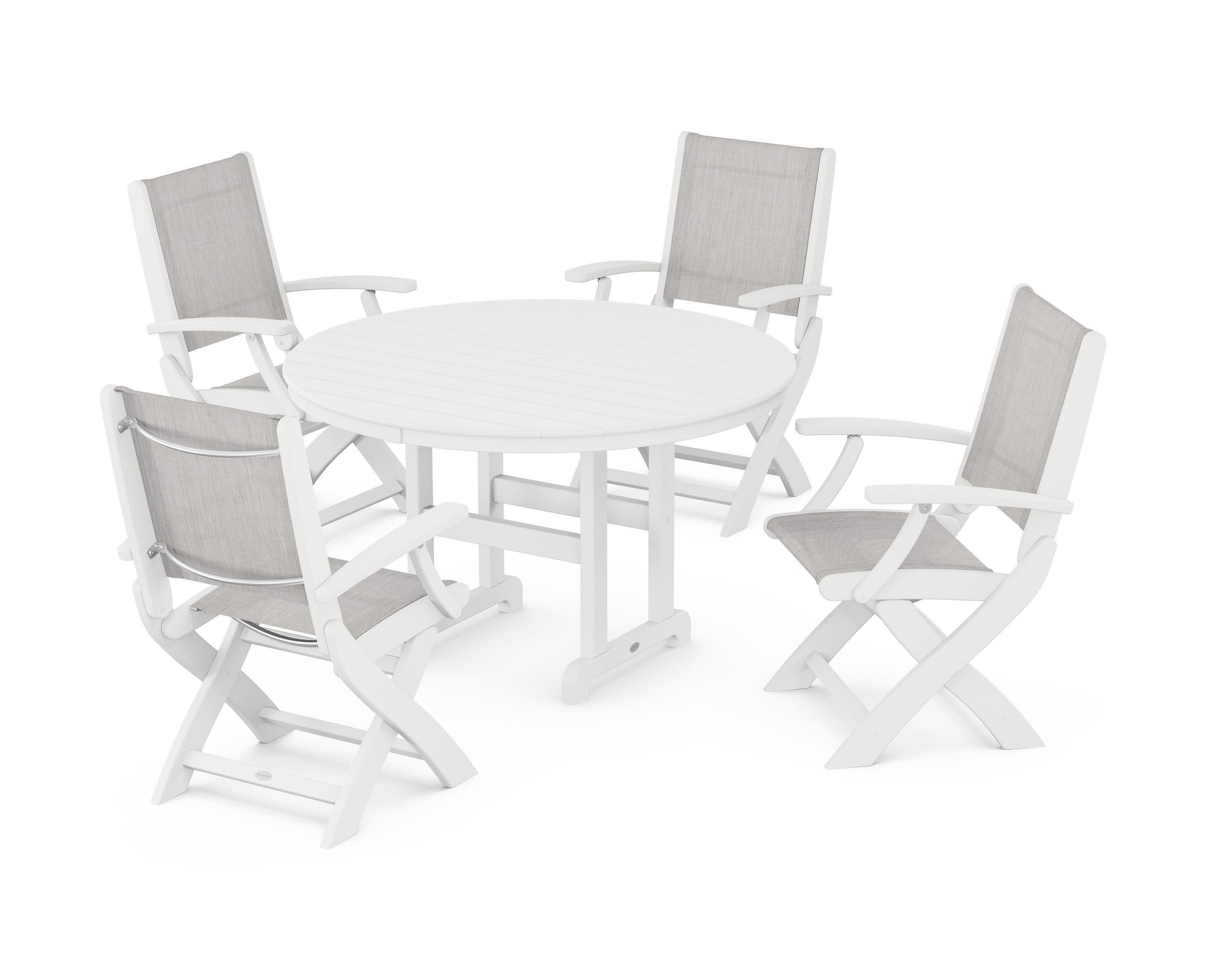Coastal Folding Chair 5-Piece Round Dining Set in White / Parchment Sling