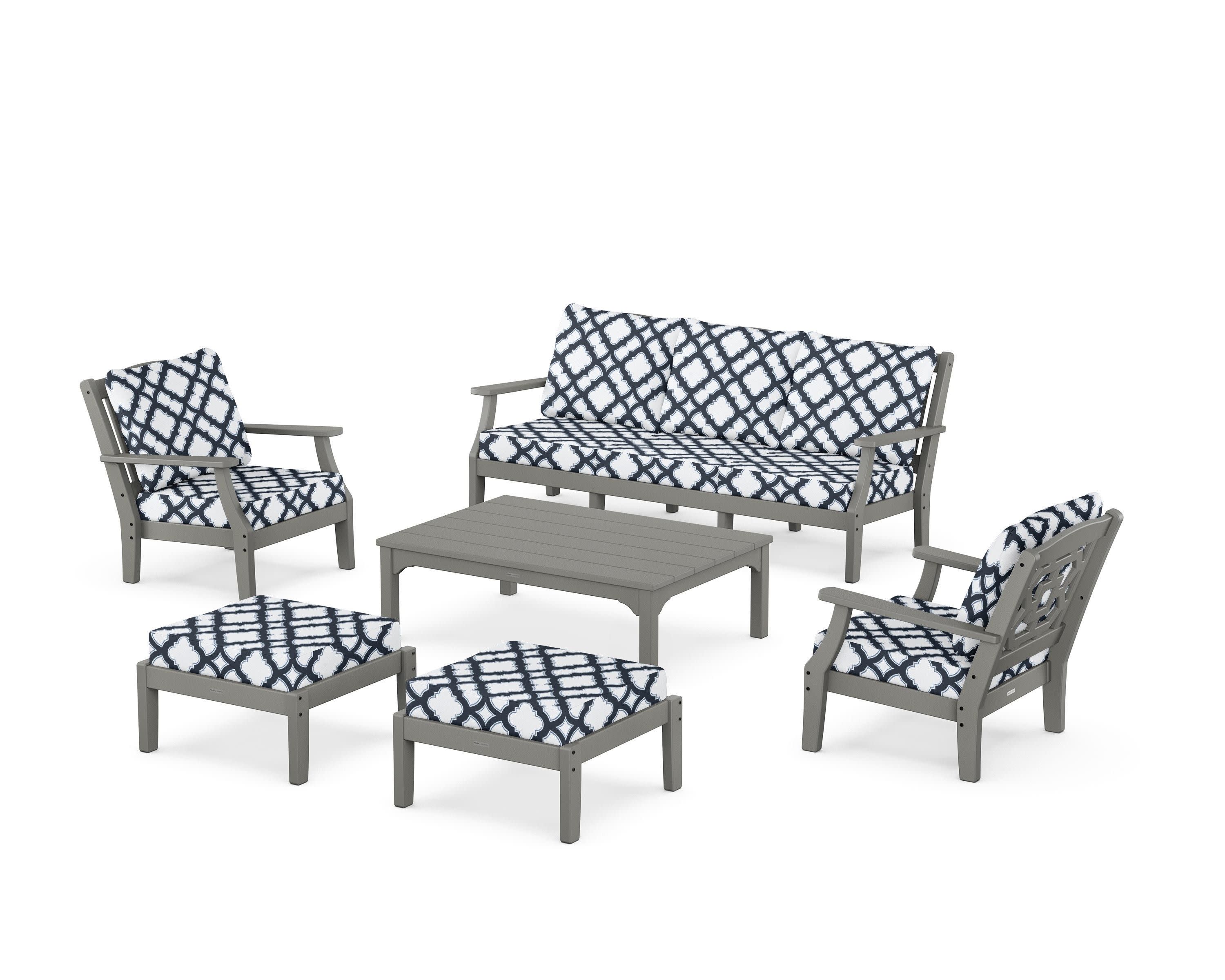 Chinoiserie 6-Piece Lounge Sofa Set in Slate Grey / Trellis Marine Indigo