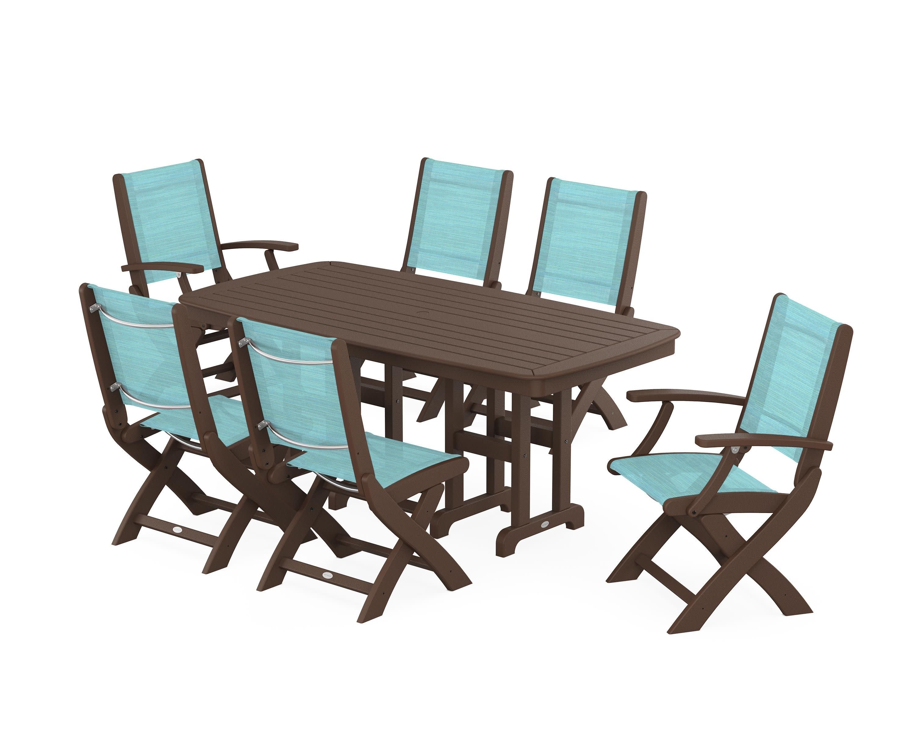 Coastal Folding Chair 7-Piece Dining Set in Mahogany / Dupioni Aquamarine Sling