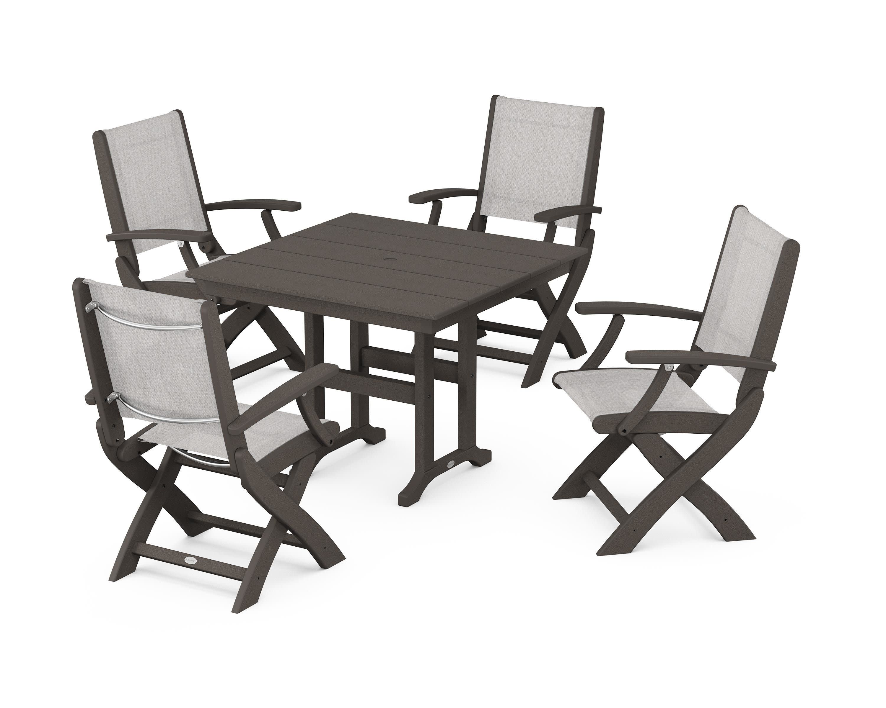 Coastal Folding Chair 5-Piece Farmhouse Dining Set in Vintage Coffee / Parchment Sling