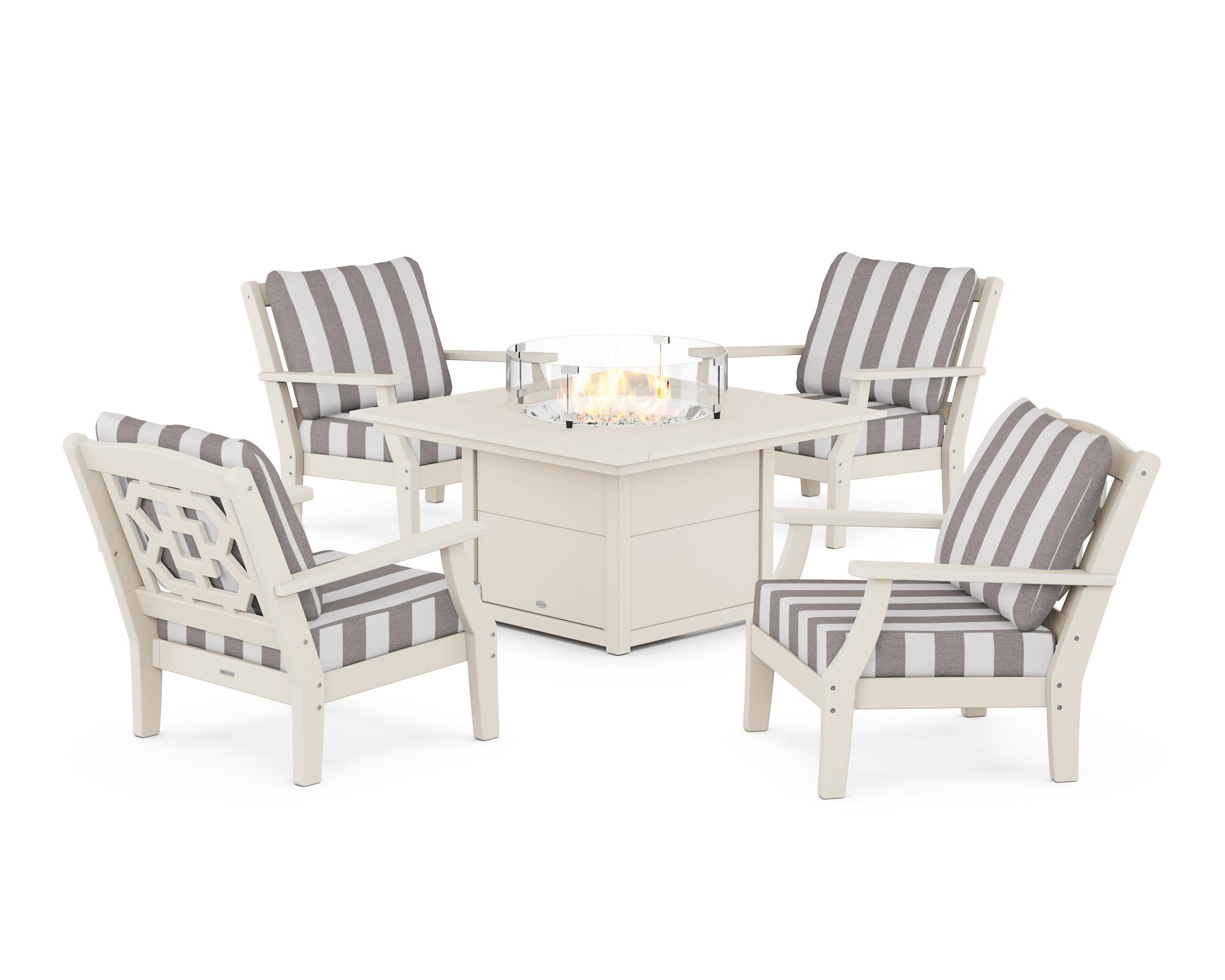 Chinoiserie 5-Piece Deep Seating Set with Fire Pit Table in Sand / Cabana Stripe Grey Mist
