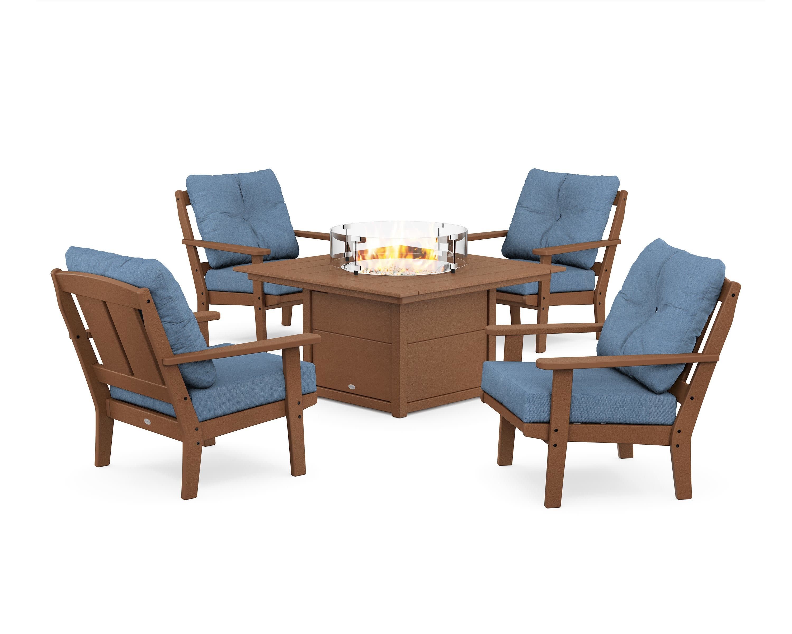 Mission 5-Piece Deep Seating Set with Fire Pit Table in Teak / Sky Blue