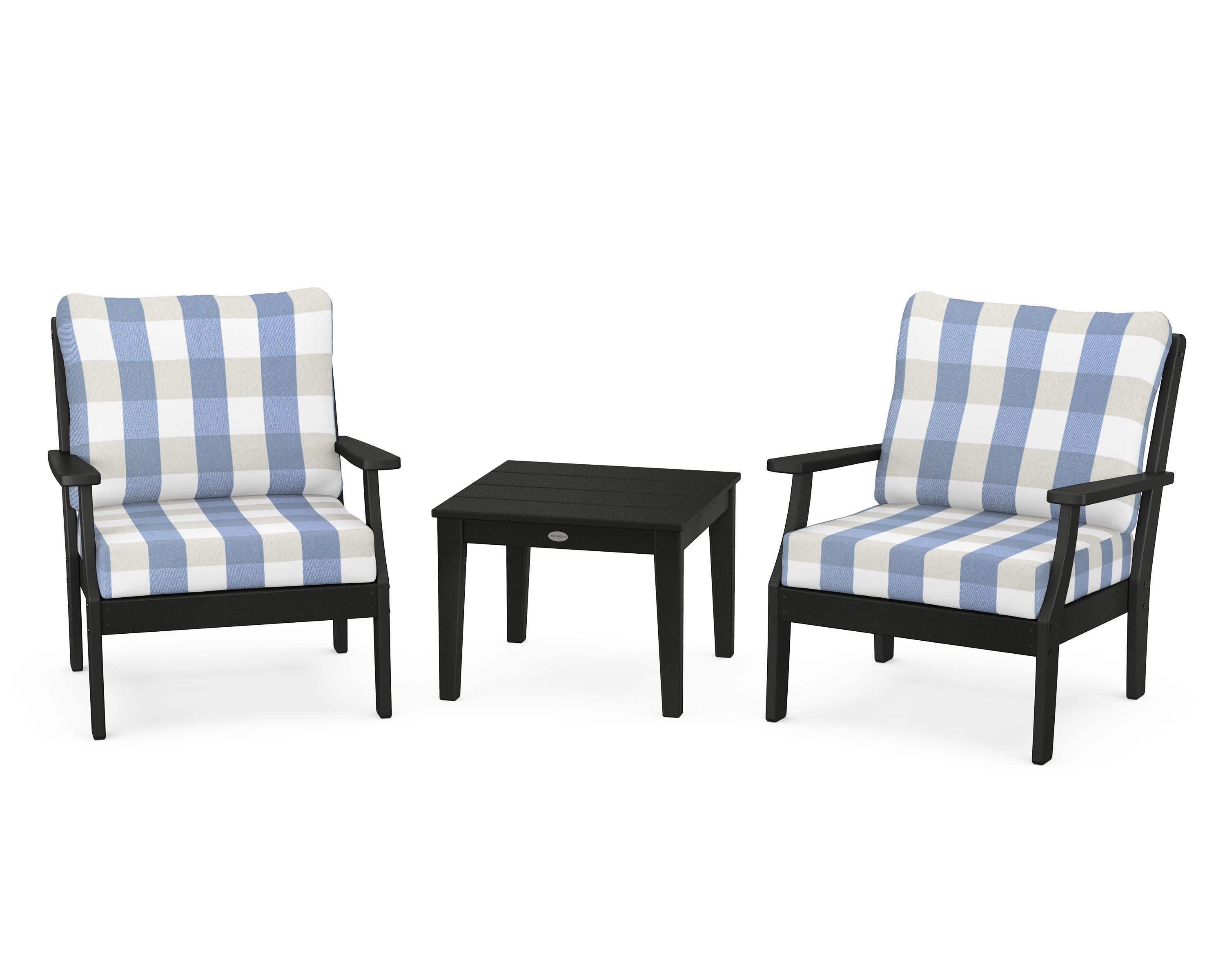 Braxton 3-Piece Deep Seating Set in Black / Buffalo Plaid Sky Blue