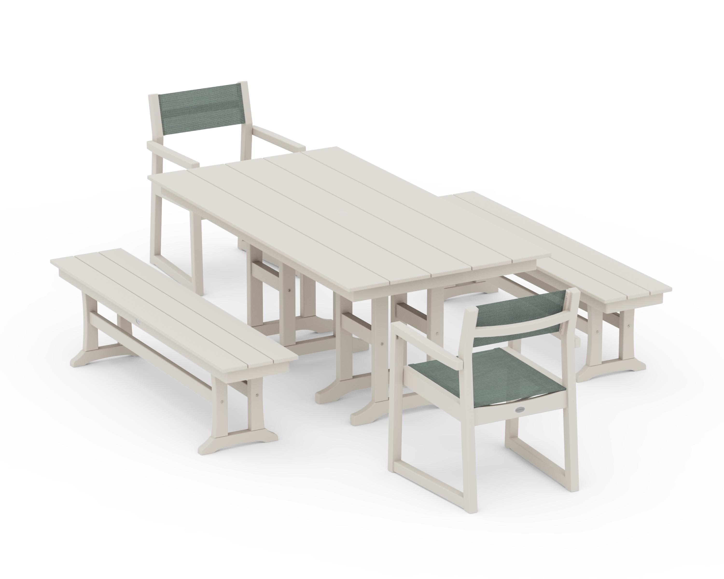 EDGE Sling Arm Chair 5-Piece Farmhouse Dining Set with Benches in Sand / Dupioni Sea Mist Sling