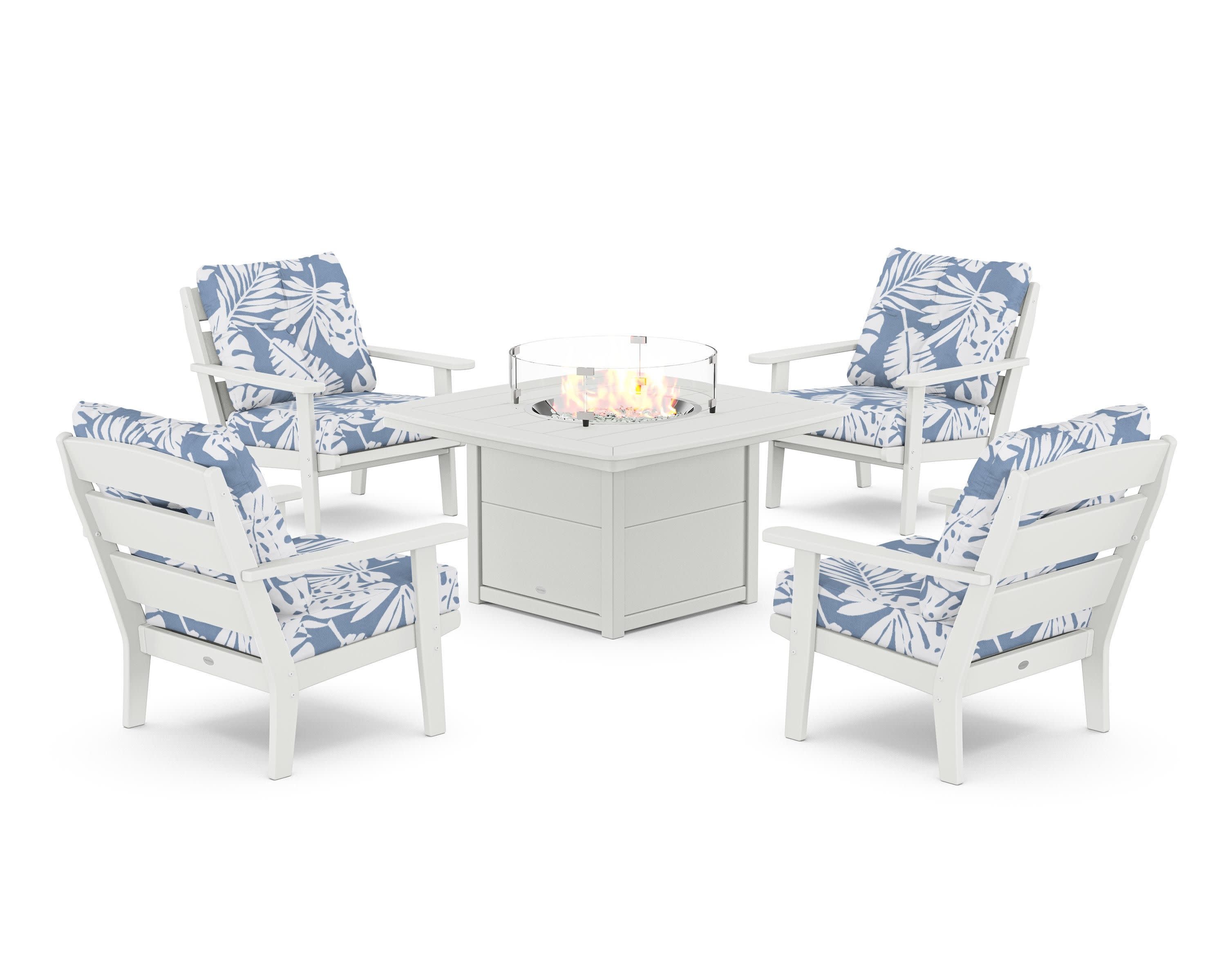 Lakeside 5-Piece Deep Seating Set with Nautical Fire Pit Table in White / Leaf Sky Blue