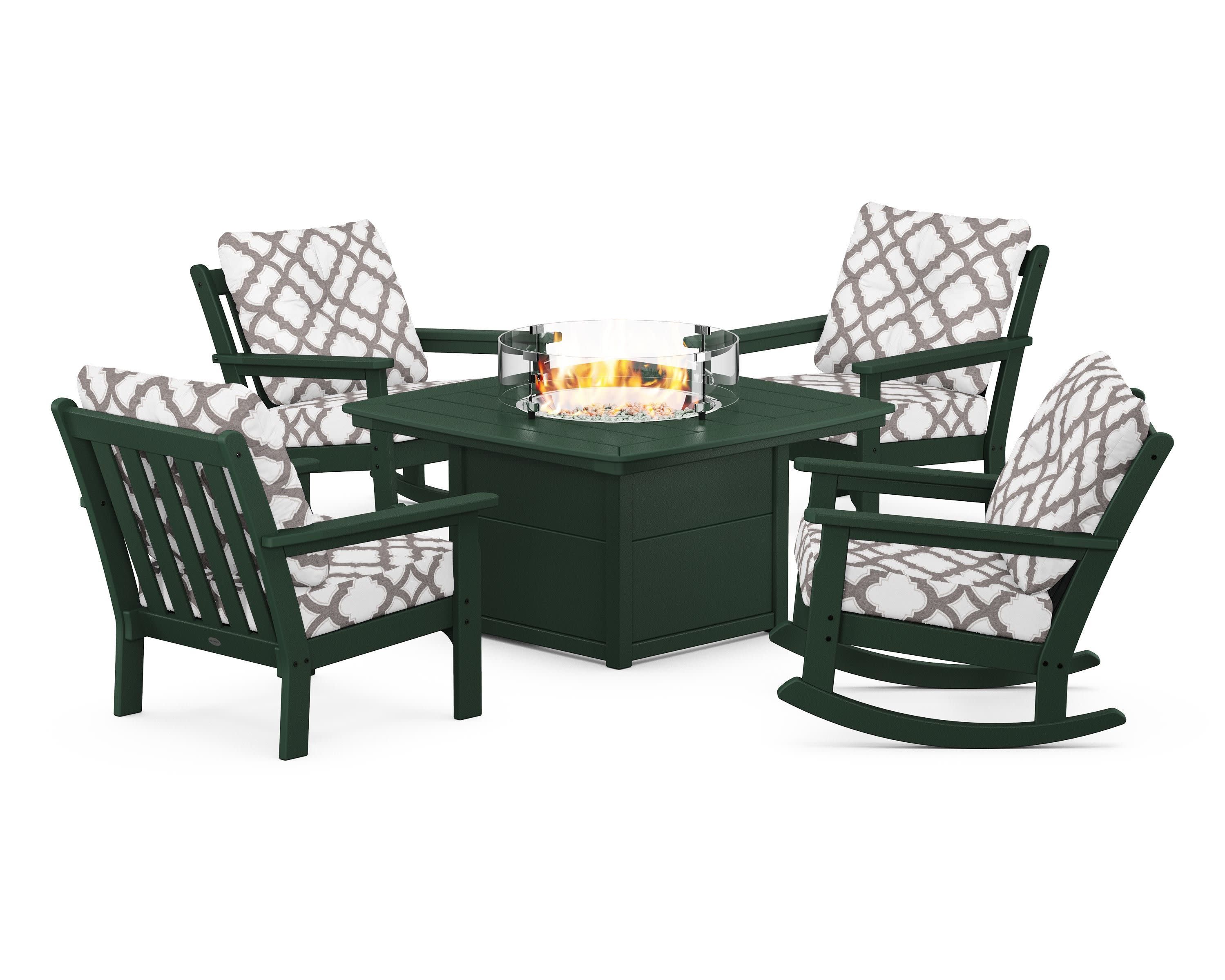 Vineyard 5-Piece Deep Seating Rocking Chair Conversation Set with Fire Pit Table in Green / Trellis Grey Mist