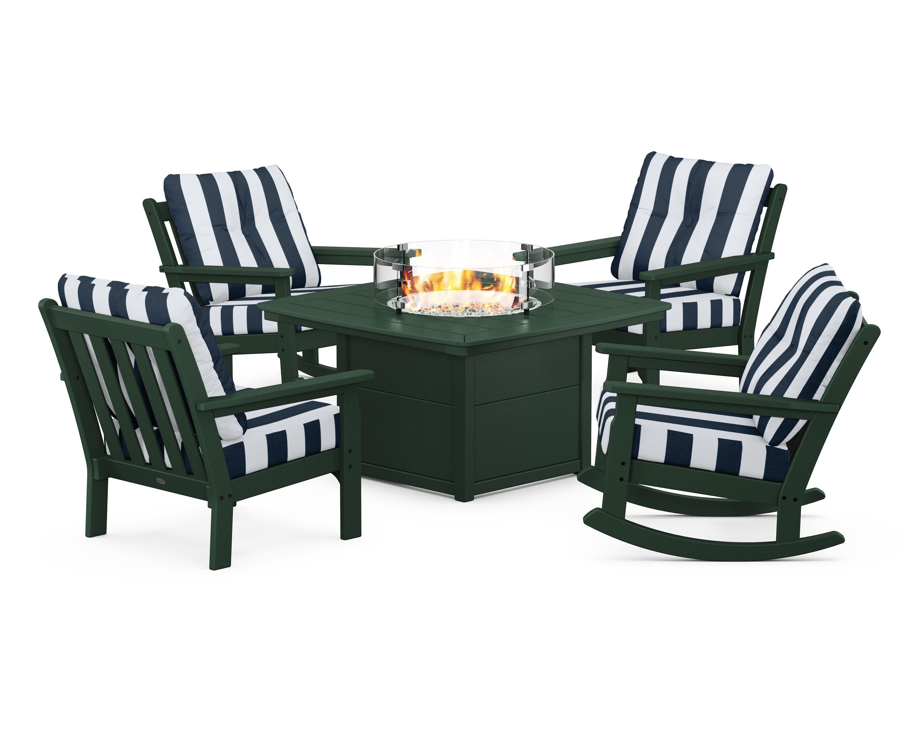 Vineyard 5-Piece Deep Seating Rocking Chair Conversation Set with Fire Pit Table in Green / Cabana Stripe Marine Indigo