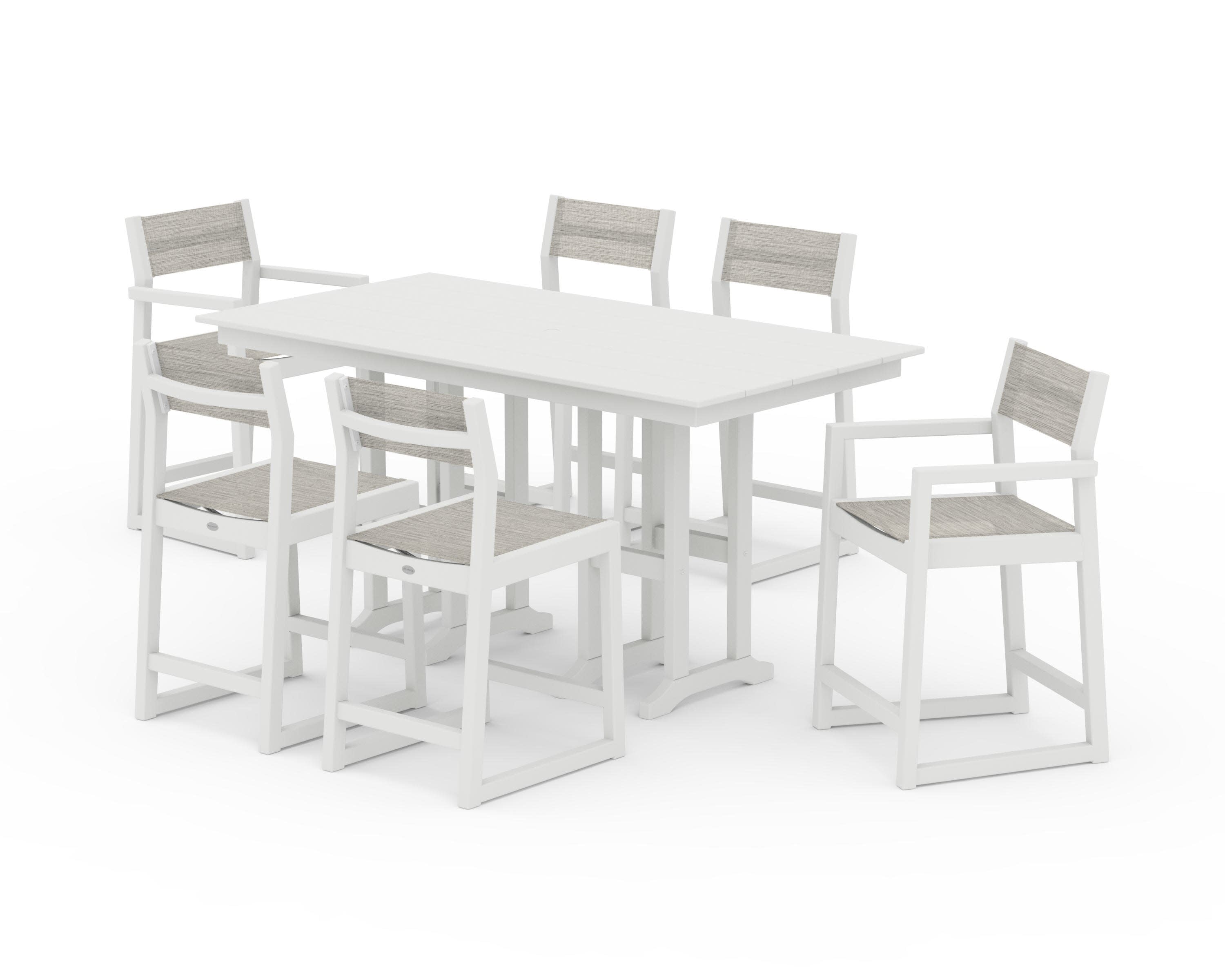 EDGE Sling 7-Piece Farmhouse Counter Set with Trestle Legs in Vintage White / Birch Sling