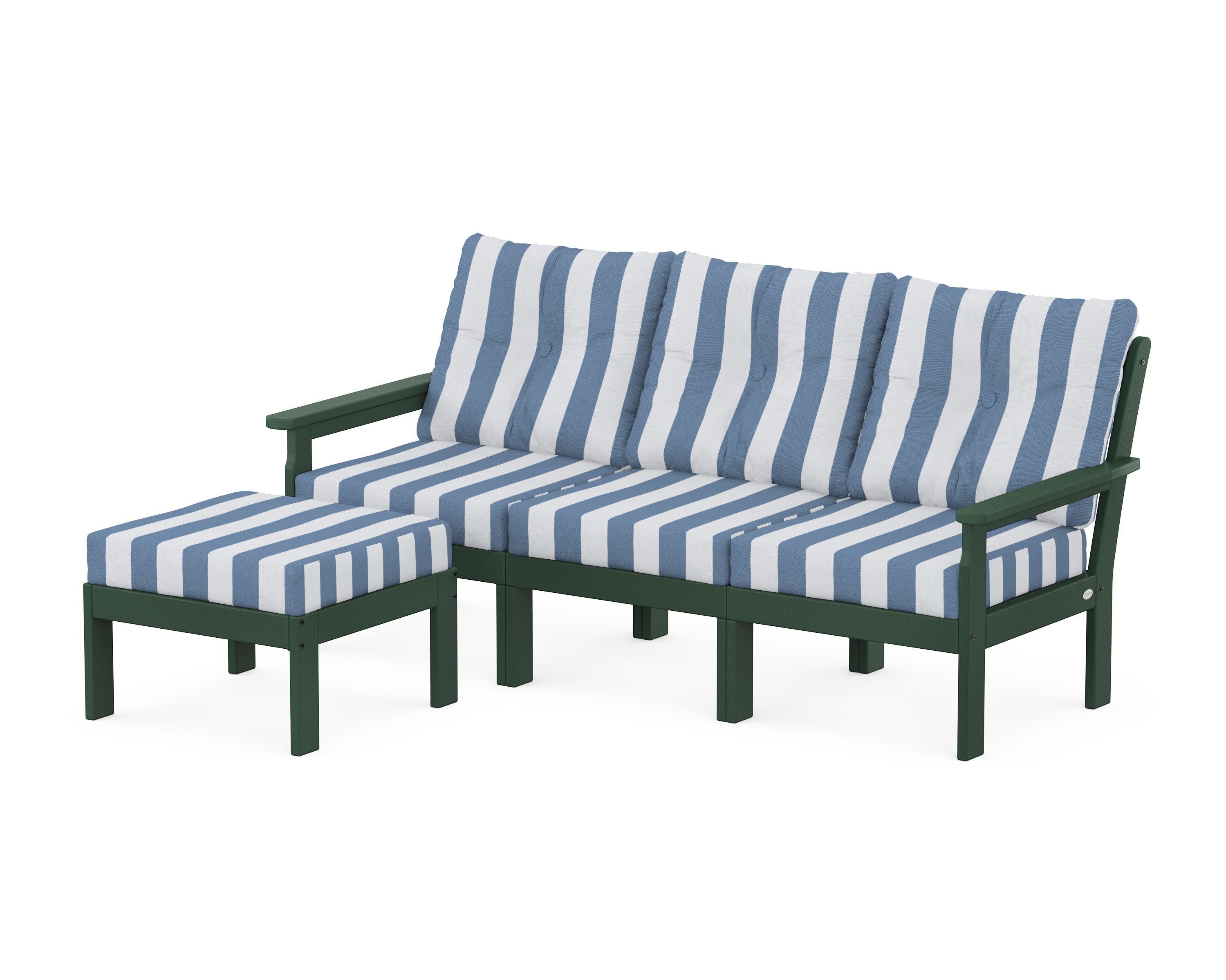 Vineyard 4-Piece Sectional with Ottoman in Green / Cabana Stripe Sky Blue