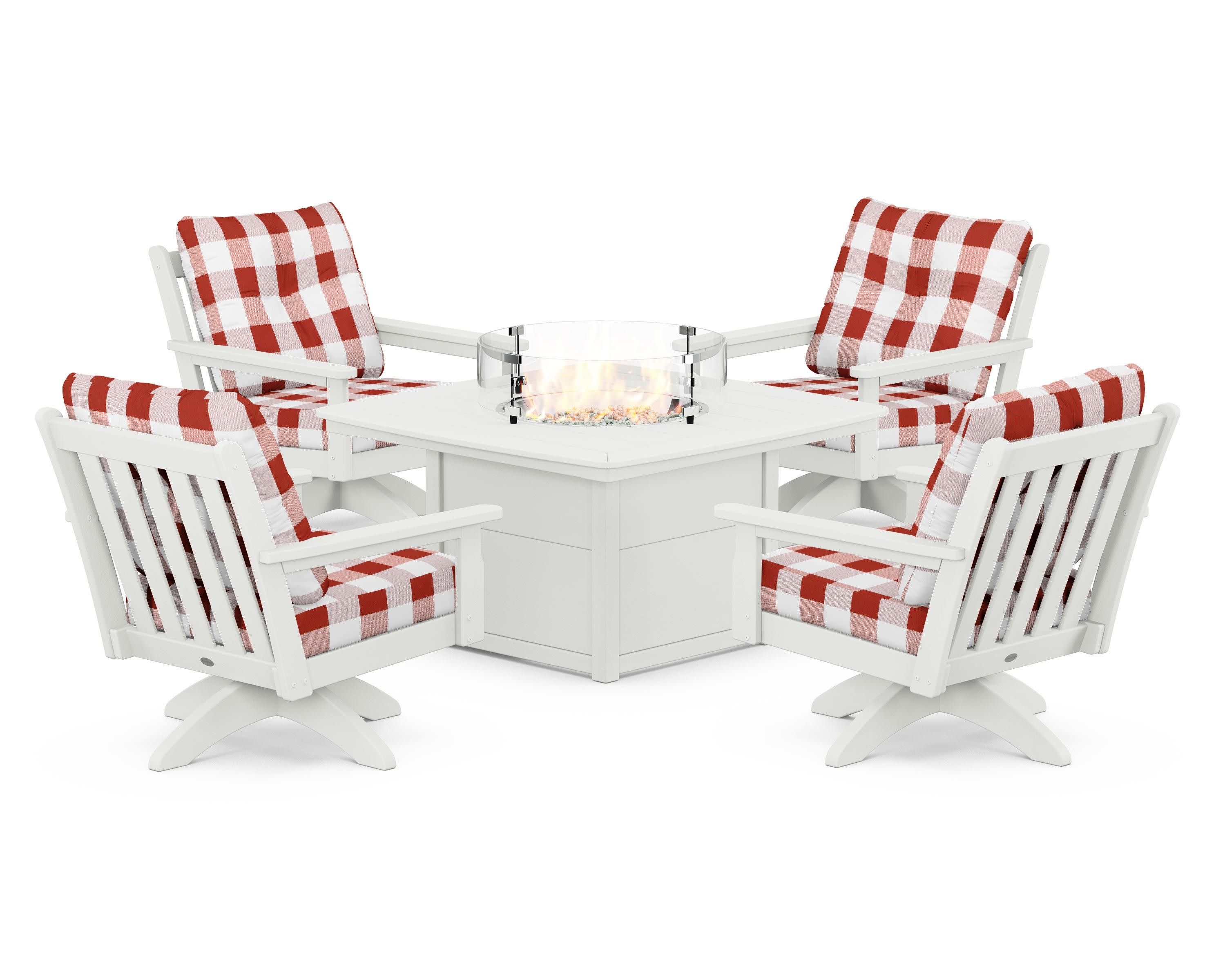 Vineyard 5-Piece Deep Seating Swivel Conversation Set with Fire Pit Table in Vintage White / Buffalo Plaid Crimson