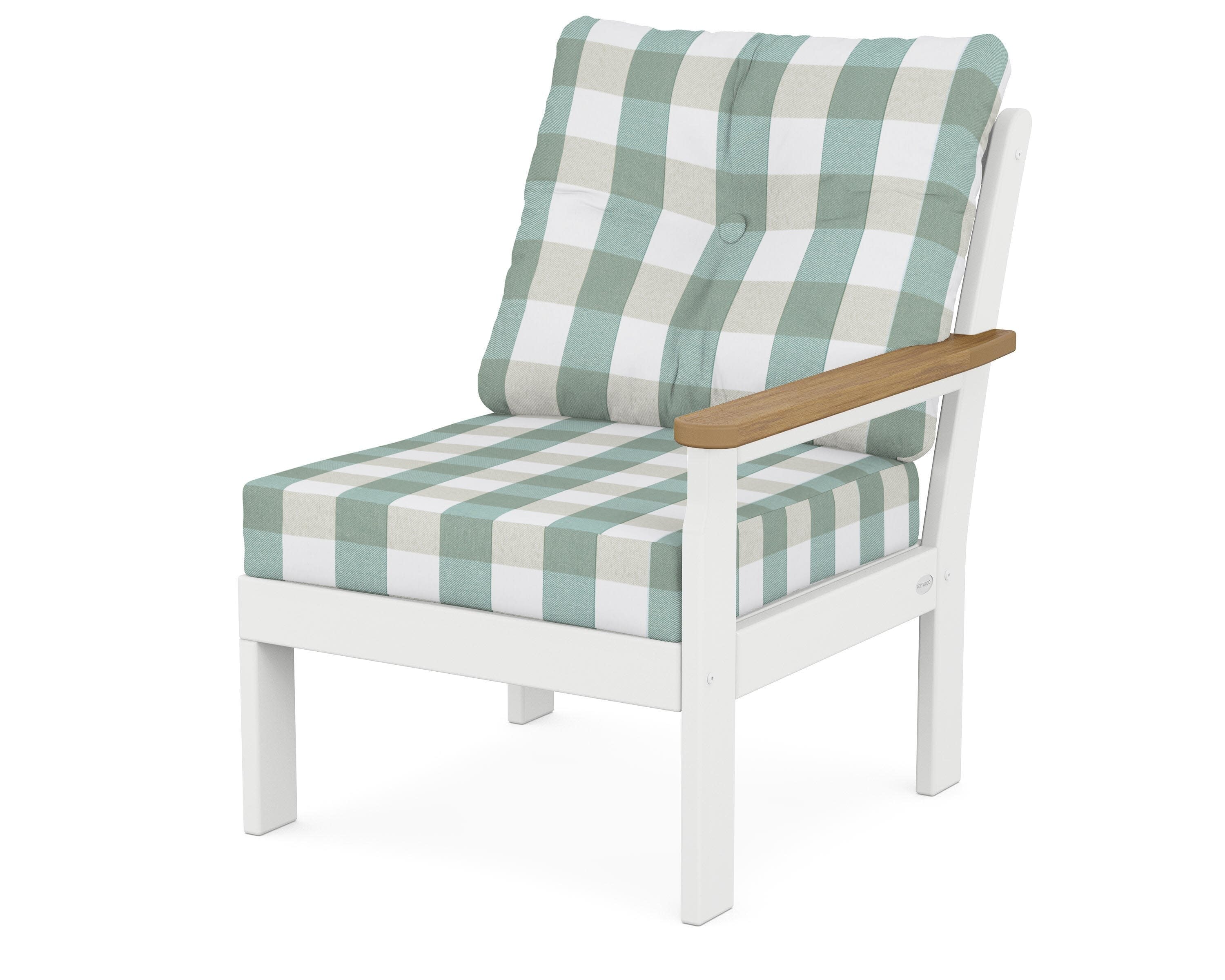 Vineyard Modular Right Arm Chair in White / Natural / Buffalo Plaid Glacier Spa
