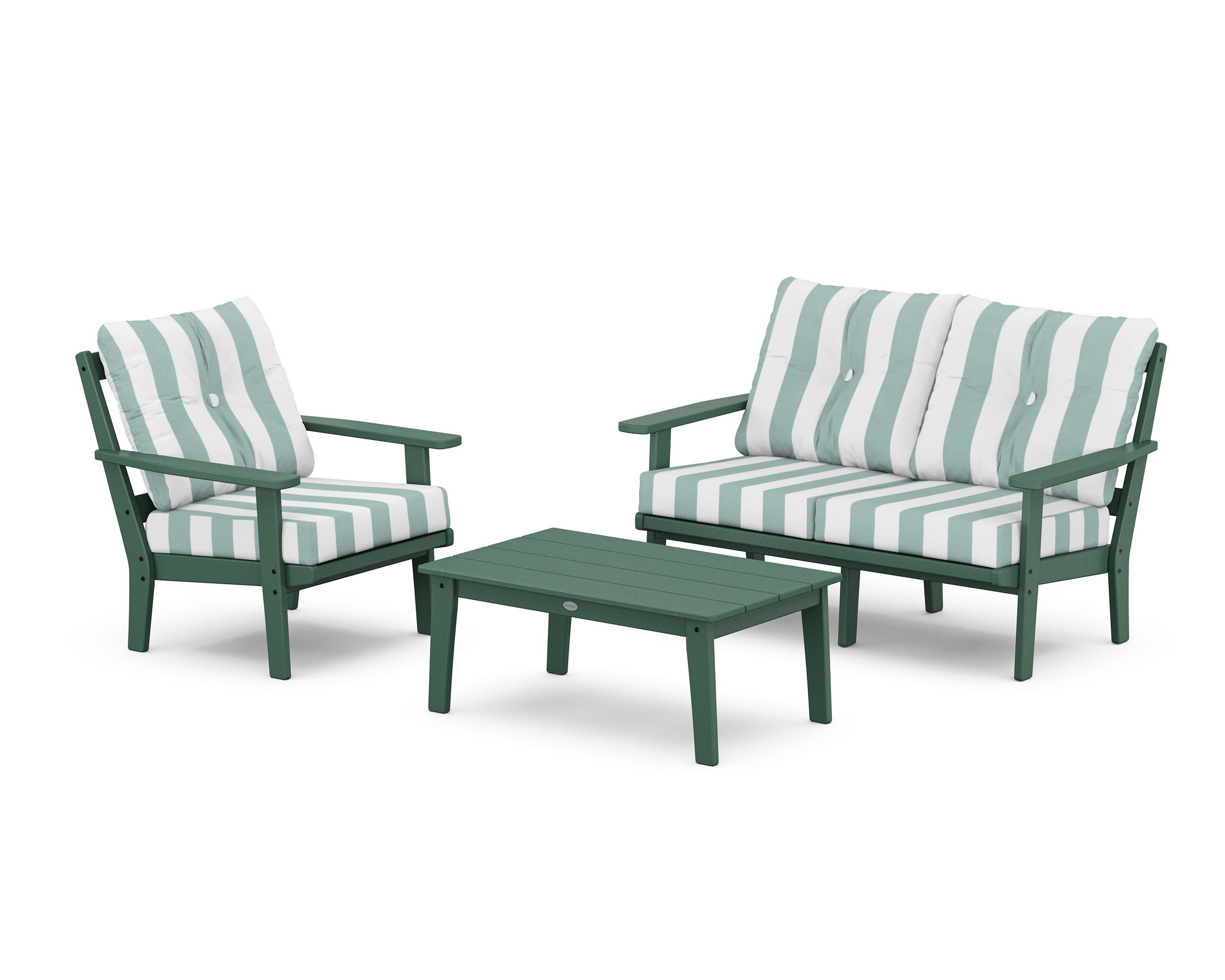 Oxford 3-Piece Deep Seating Set with Loveseat in Green / Cabana Stripe Glacier Spa
