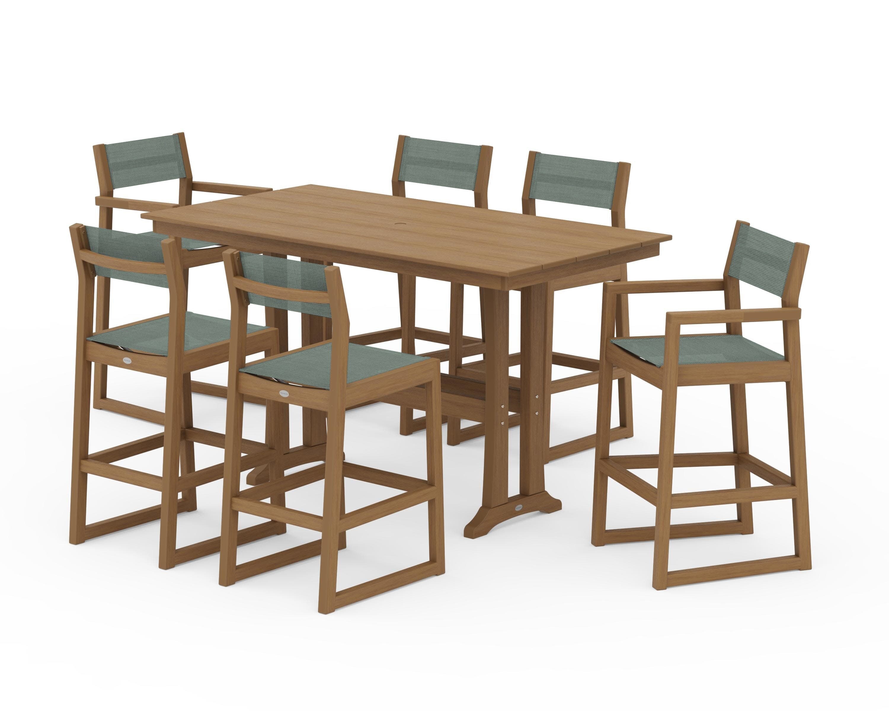 EDGE Sling 7-Piece Farmhouse Bar Set with Trestle Legs in Natural / Dupioni Sea Mist Sling