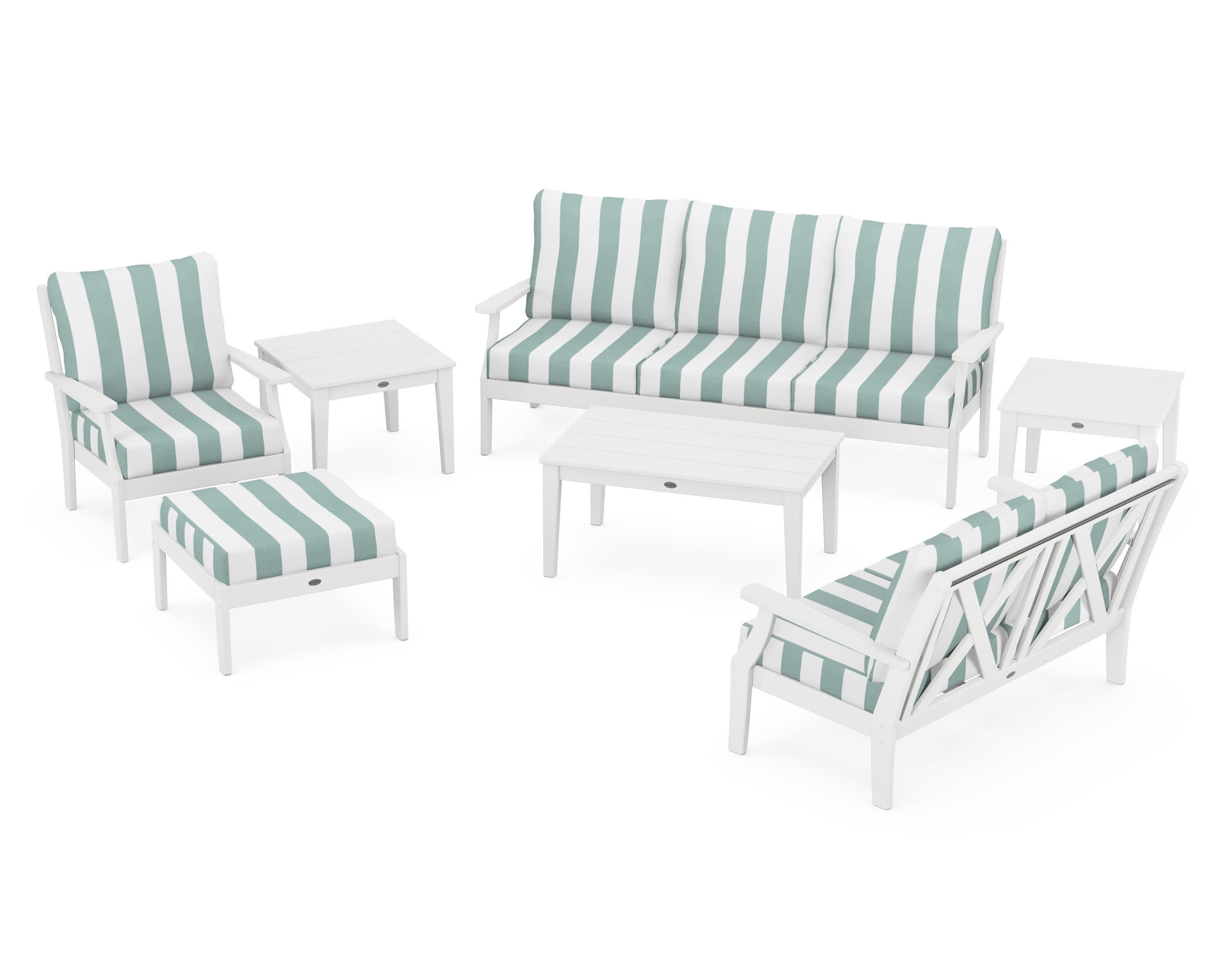 Braxton 7-Piece Deep Seating Set in White / Cabana Stripe Glacier Spa