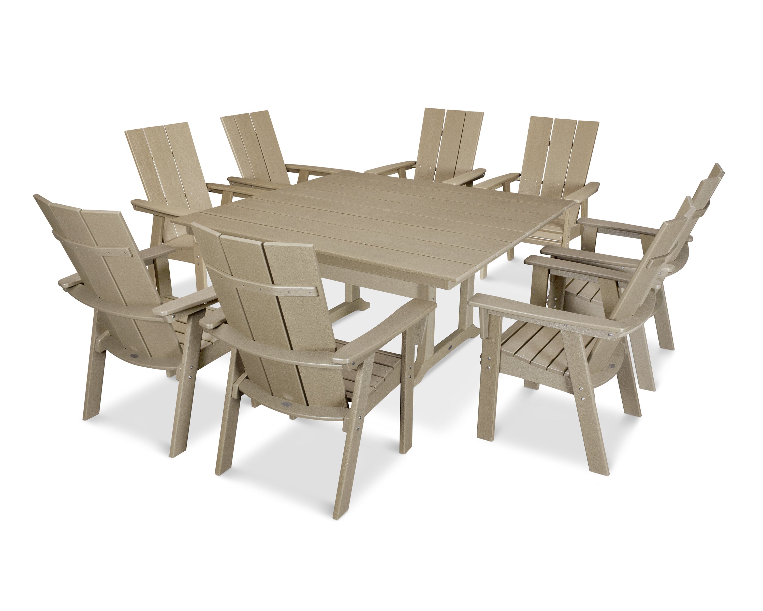 Modern Curveback Adirondack 9-Piece Farmhouse Trestle Dining Set in Vintage Sahara