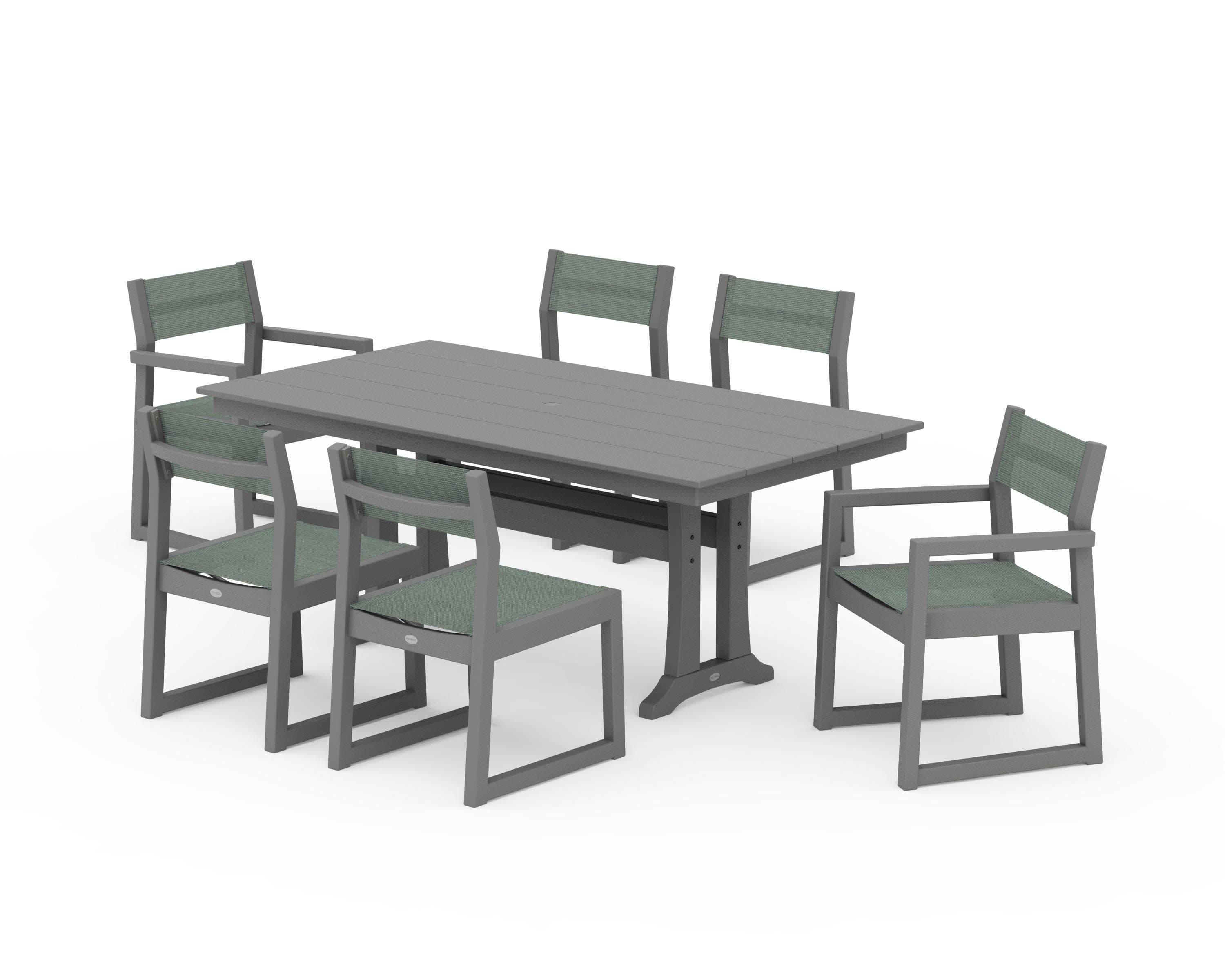 EDGE Sling 7-Piece Farmhouse Trestle Dining Set in Slate Grey / Dupioni Sea Mist Sling