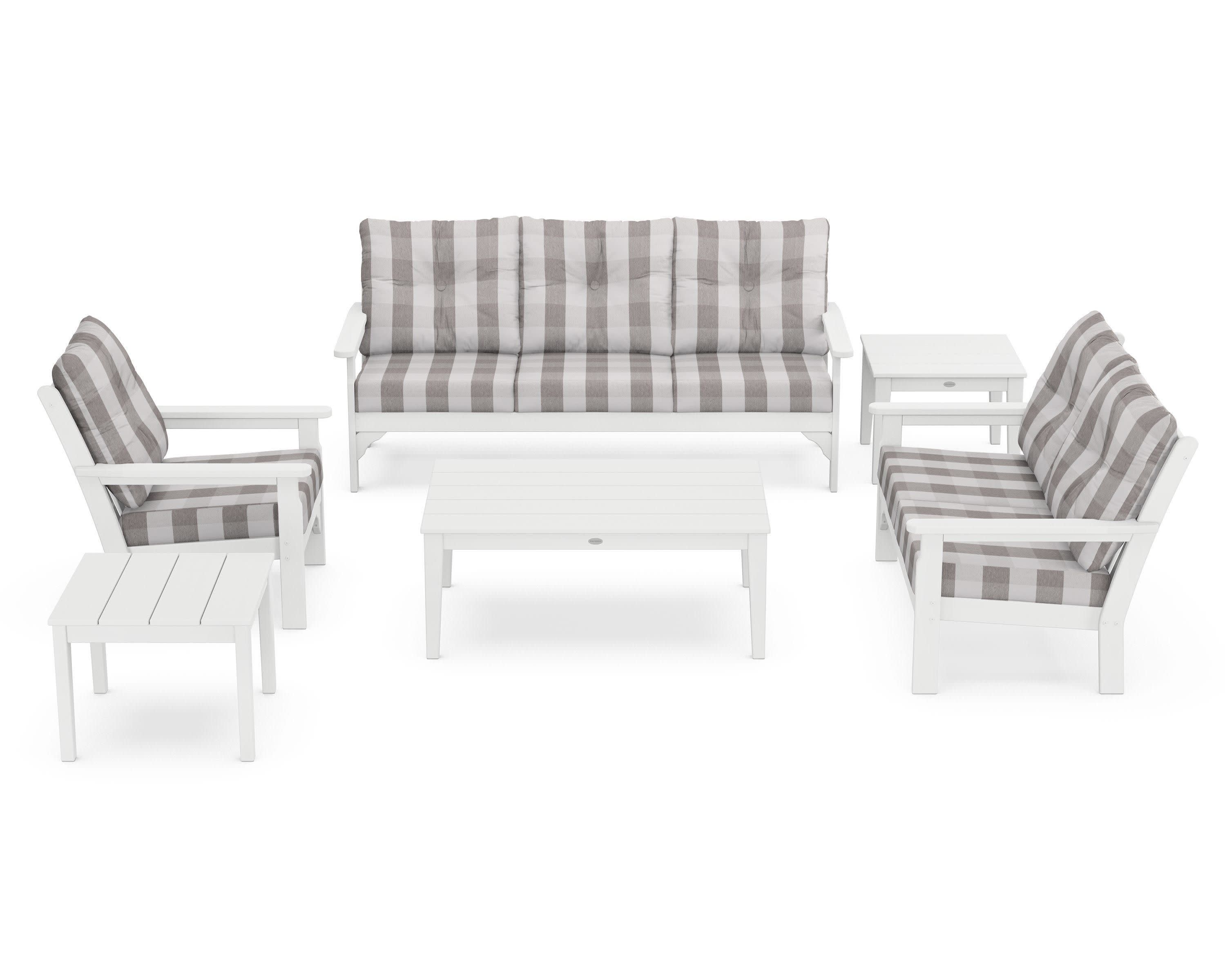 Vineyard 6-Piece Deep Seating Set in White / Buffalo Plaid Grey Mist