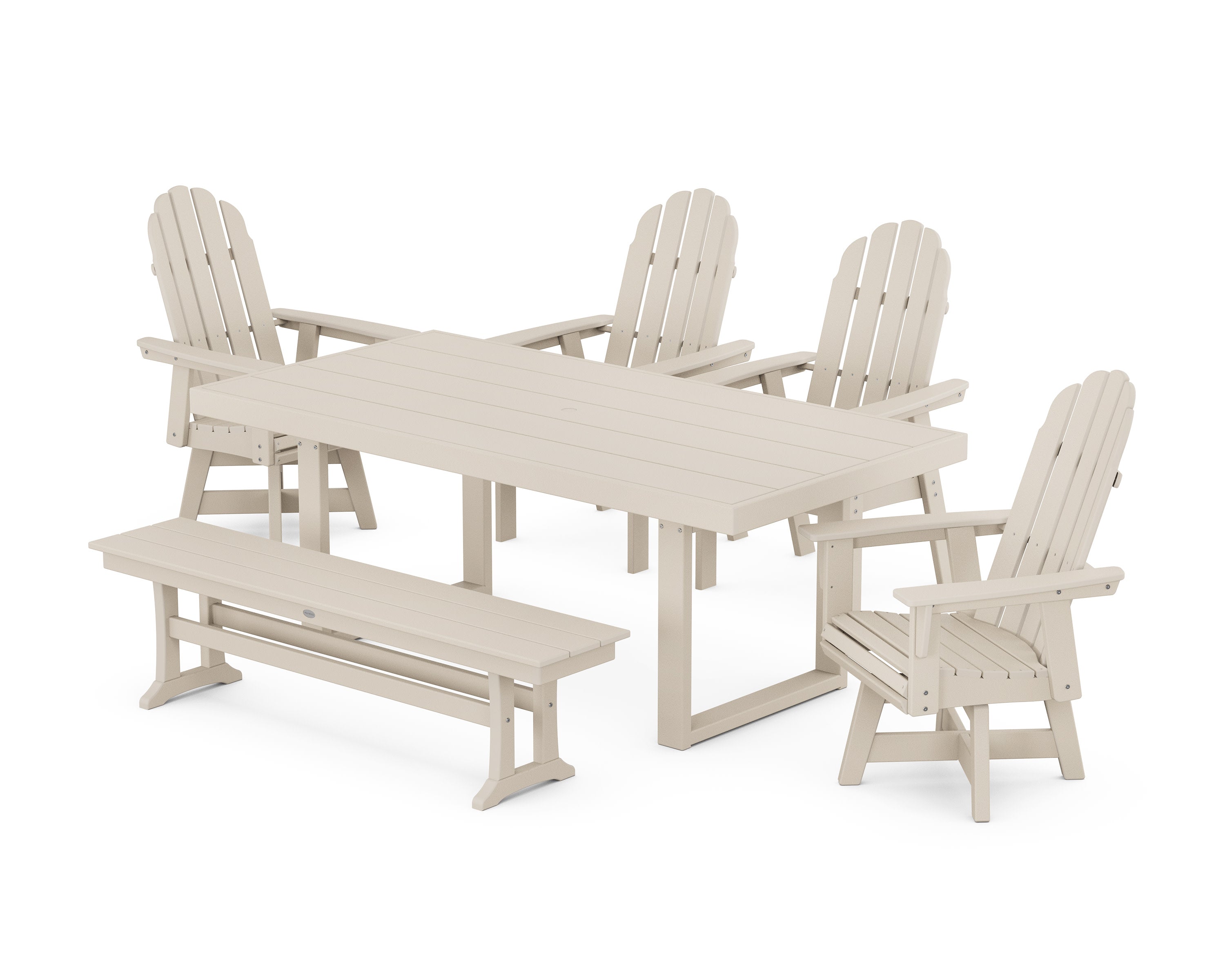 Vineyard Curveback Adirondack Swivel Chair 6-Piece Dining Set with Bench in Sand