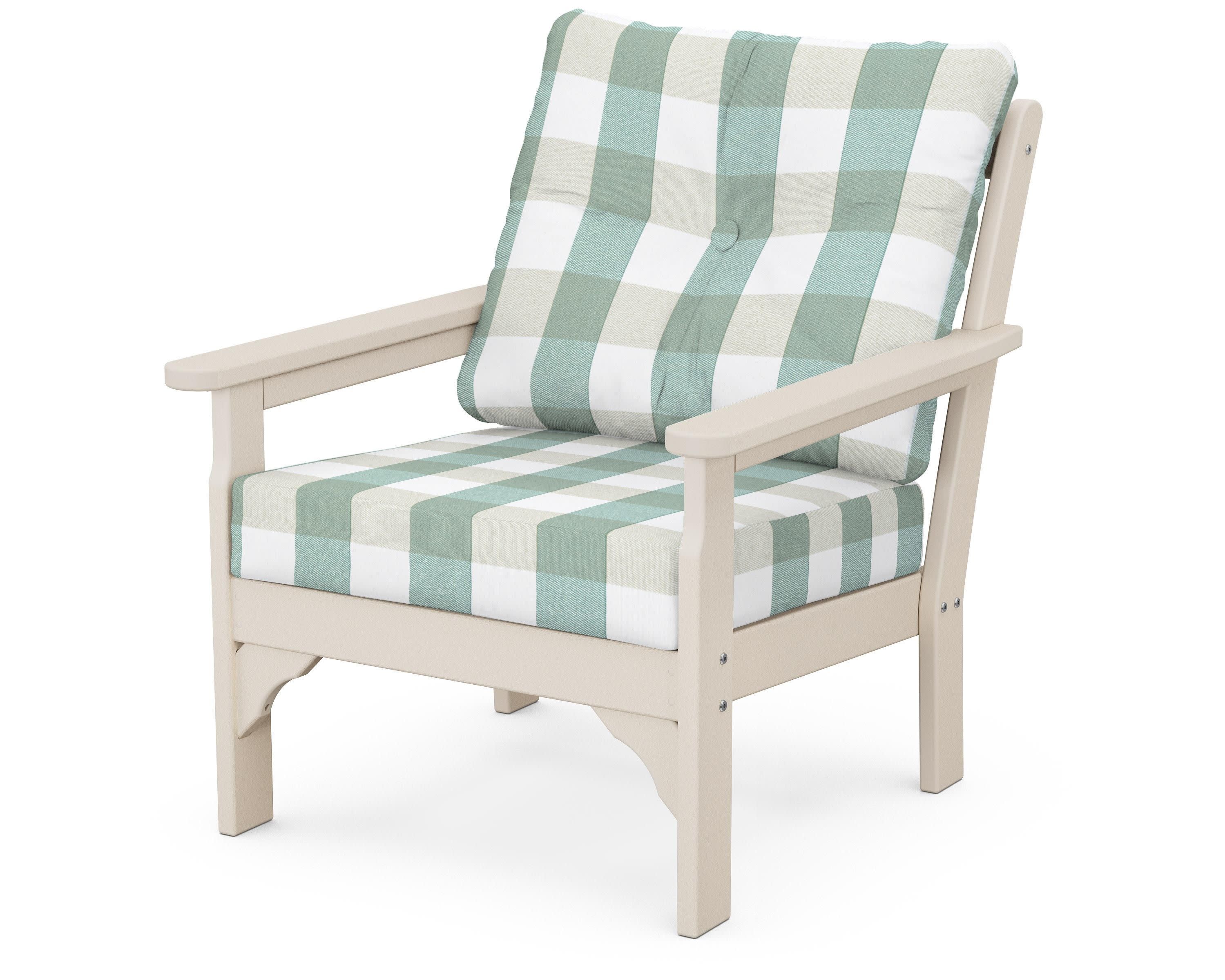Vineyard Deep Seating Chair in Sand / Buffalo Plaid Glacier Spa