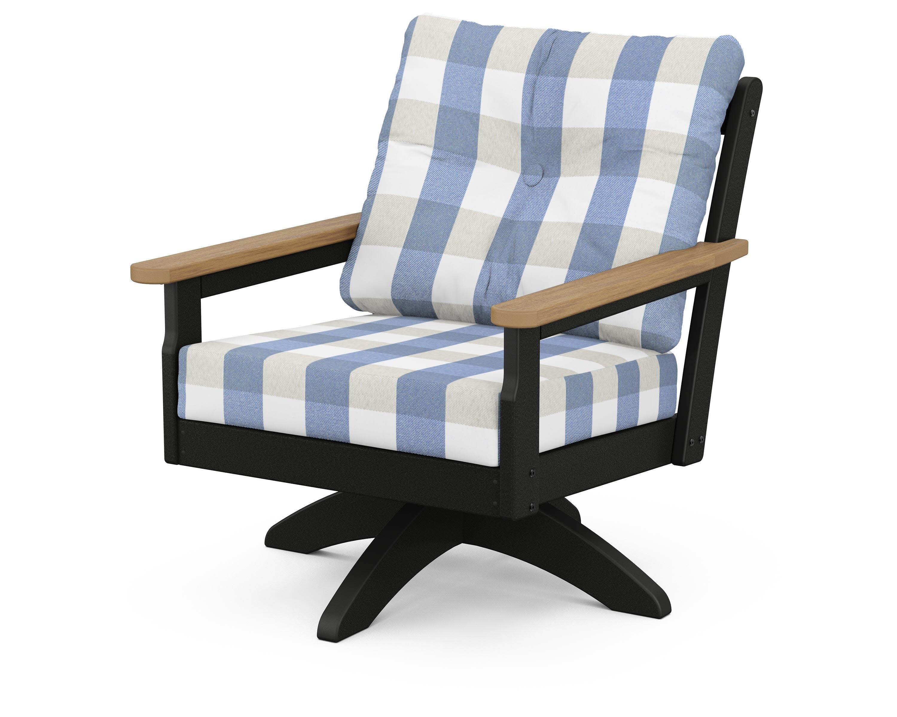 Vineyard Deep Seating Swivel Chair in Black / Natural / Buffalo Plaid Sky Blue