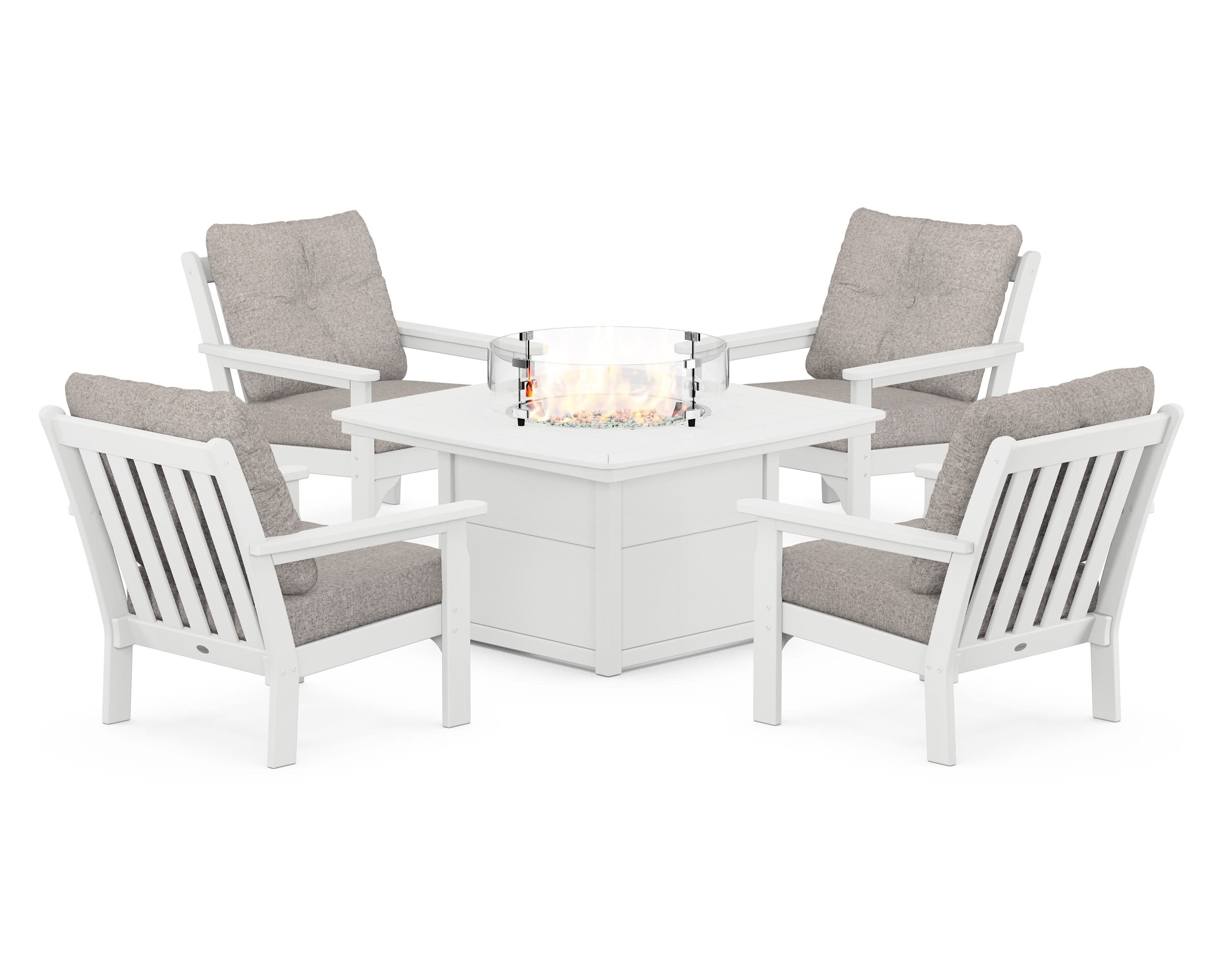 Vineyard 5-Piece Conversation Set with Fire Pit Table in White / Weathered Tweed