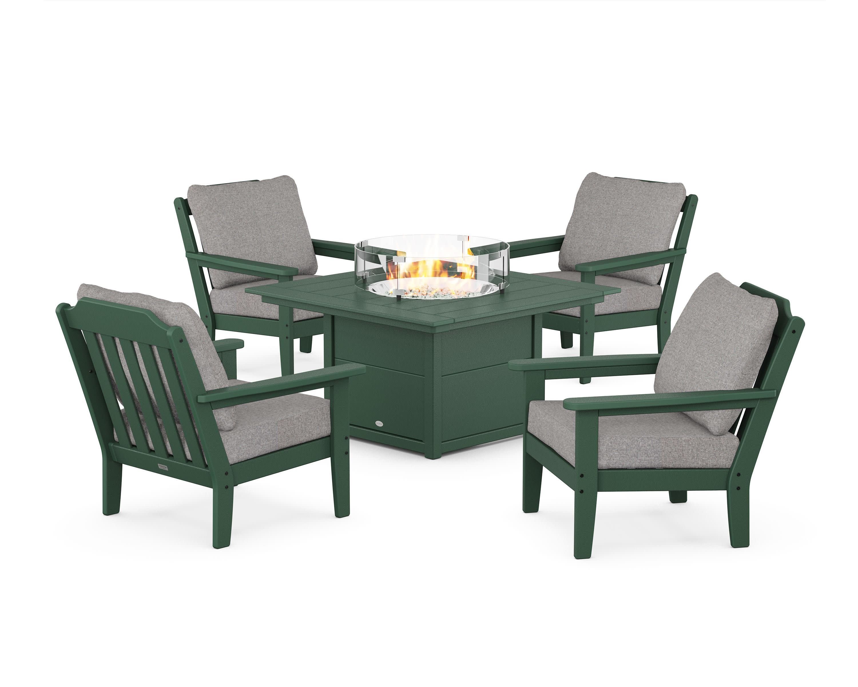 Cottage 5-Piece Deep Seating Set with Fire Pit Table in Green / Grey Mist