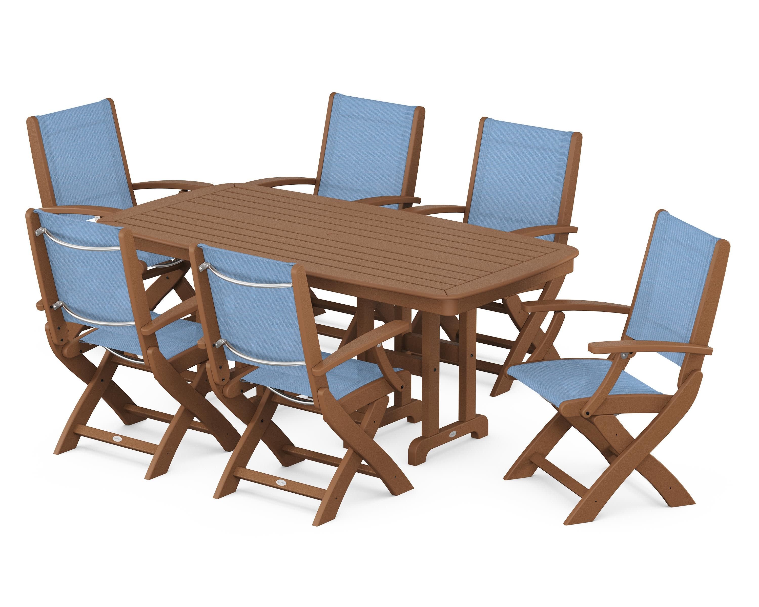 Coastal Folding Arm Chair 7-Piece Dining Set in Teak / Poolside Sling