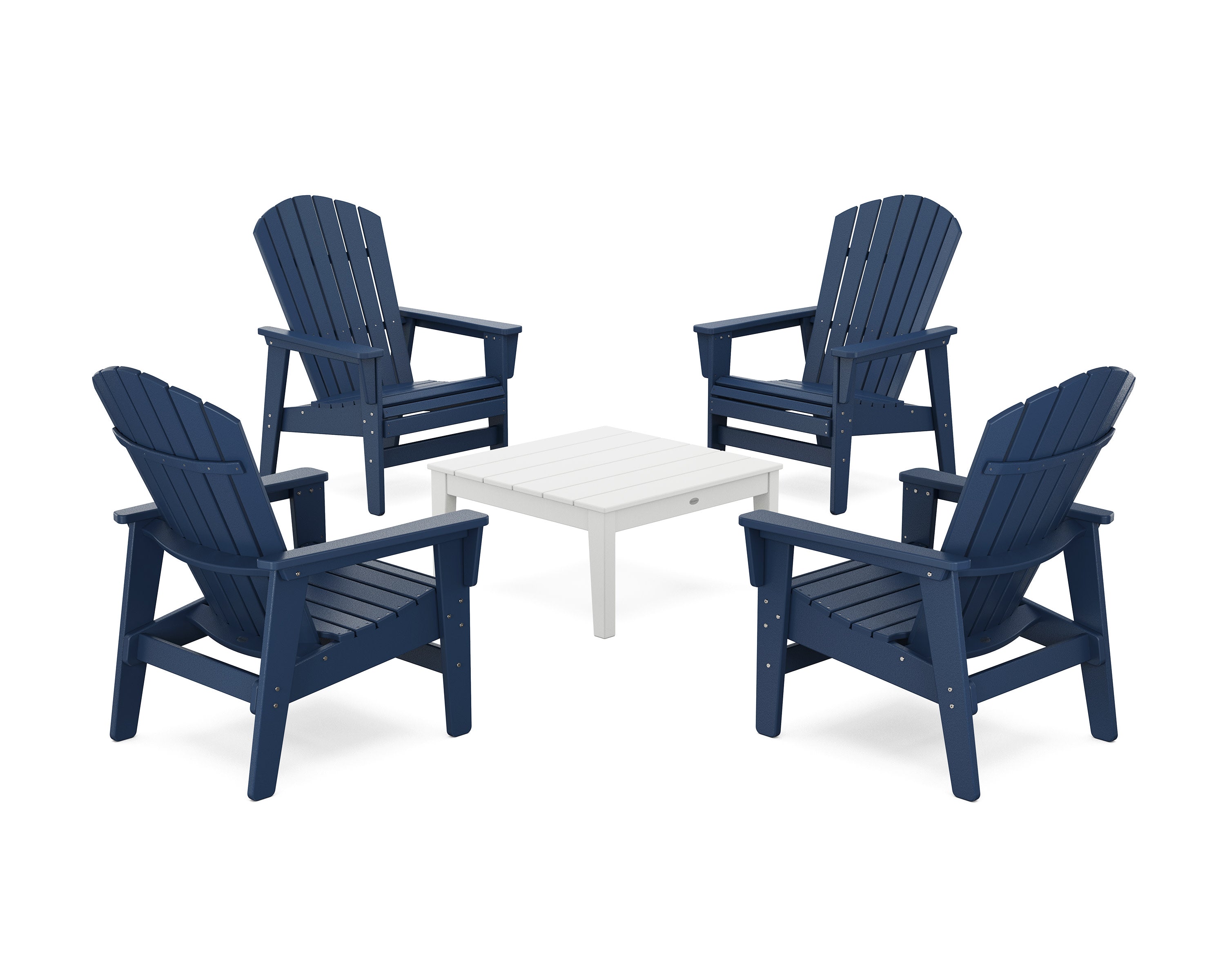 5-Piece Nautical Grand Upright Adirondack Chair Conversation Group in Navy / White