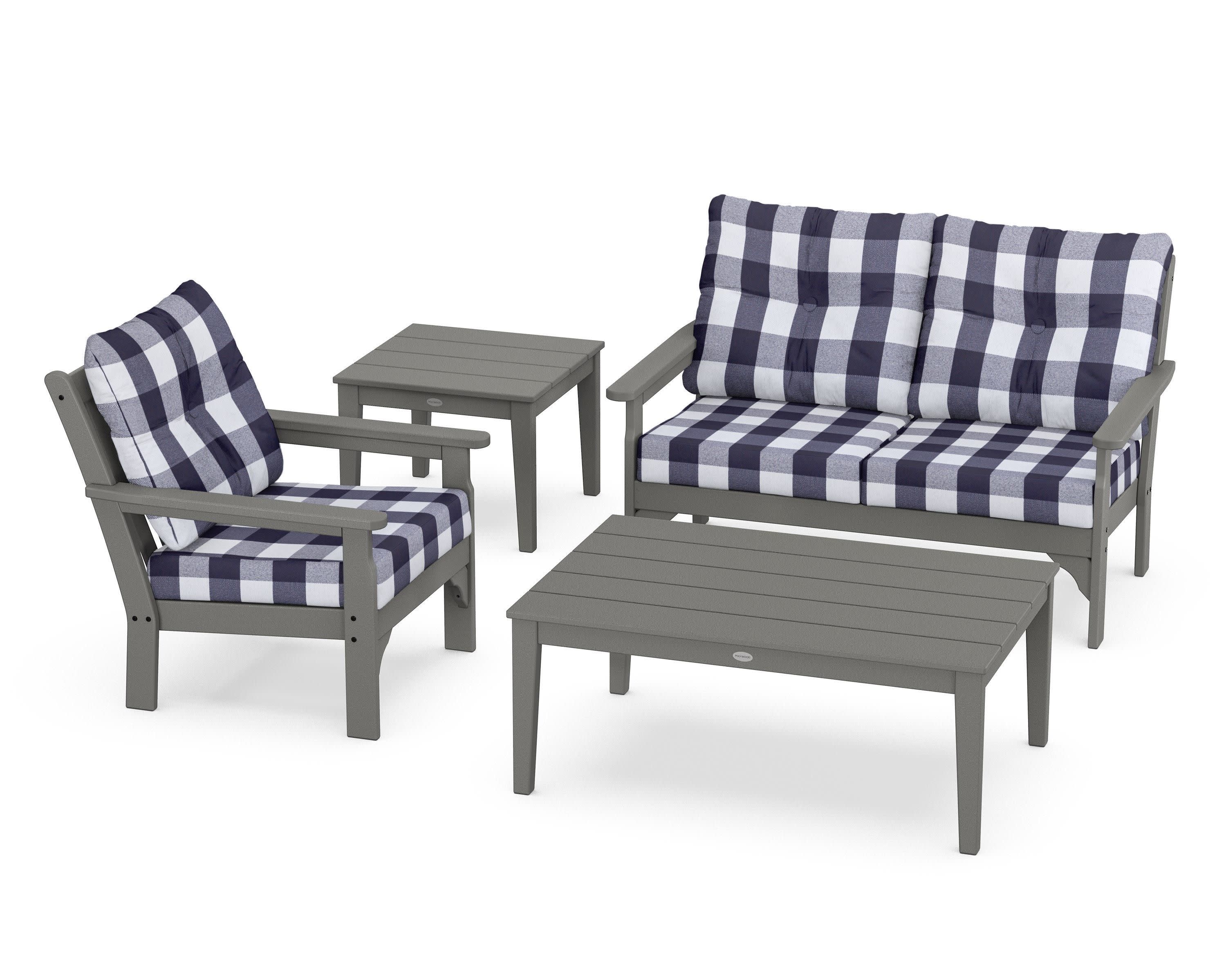 Vineyard 4-Piece Deep Seating Set in Slate Grey / Buffalo Plaid Navy