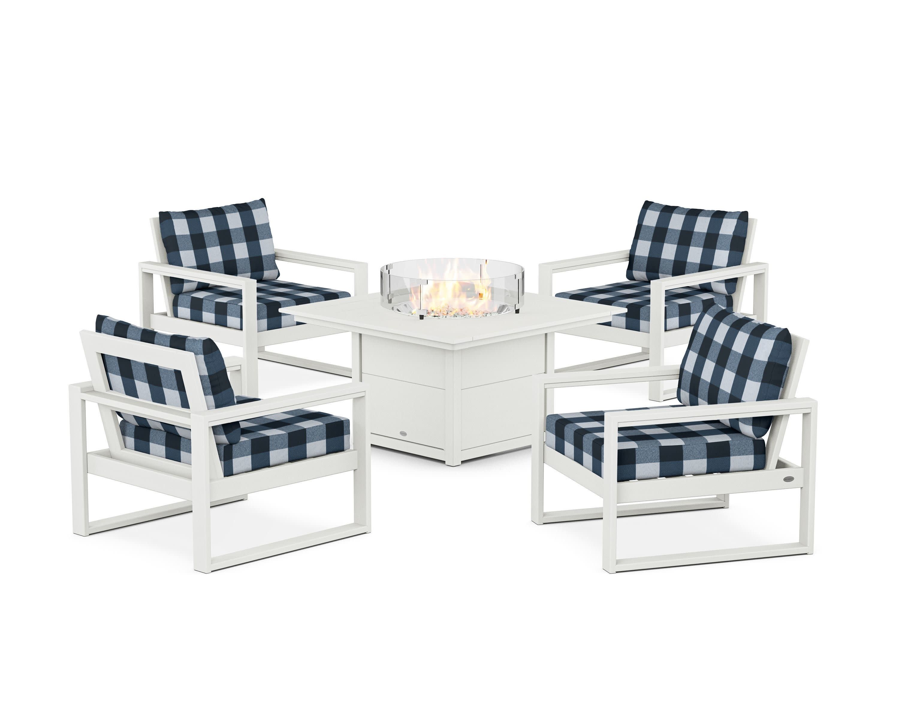 EDGE Sectional 5-Piece Deep Seating Set with Fire Pit Table in Vintage White / Buffalo Plaid Marine Indigo