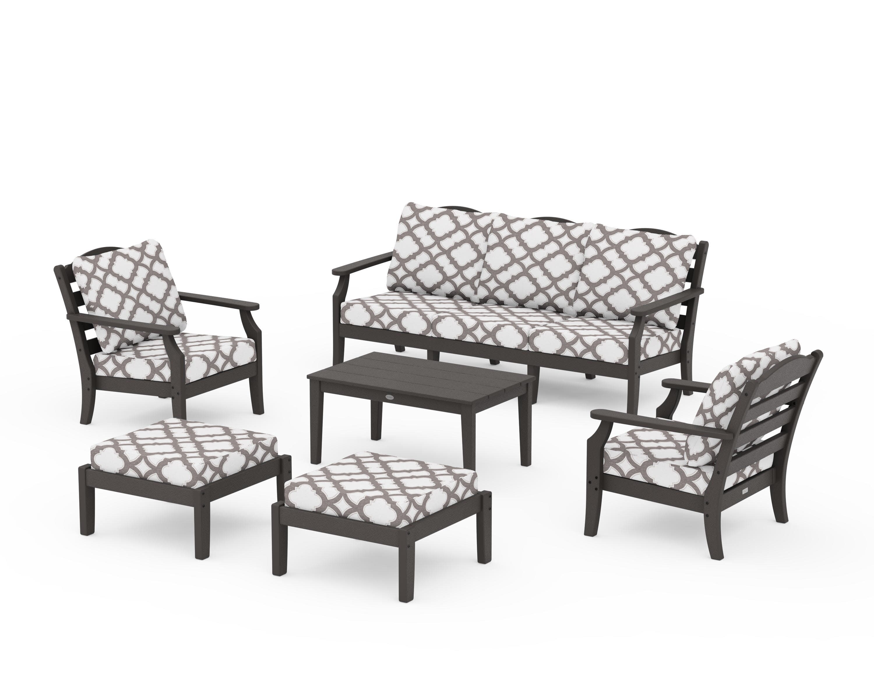 Savannah 6-Piece Lounge Sofa Set in Vintage Coffee / Trellis Grey Mist