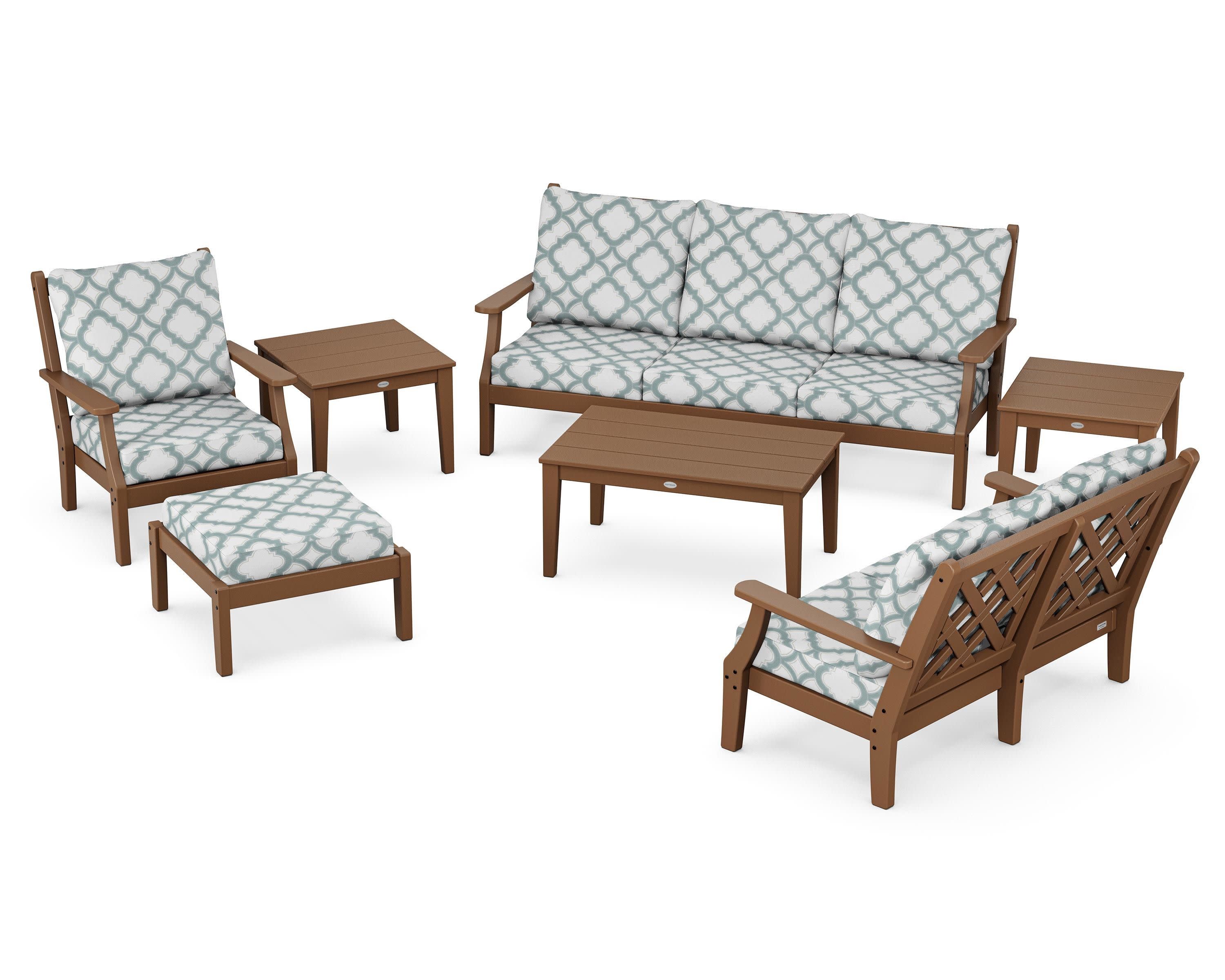 Wovendale 7-Piece Deep Seating Set in Teak / Trellis Glacier Spa
