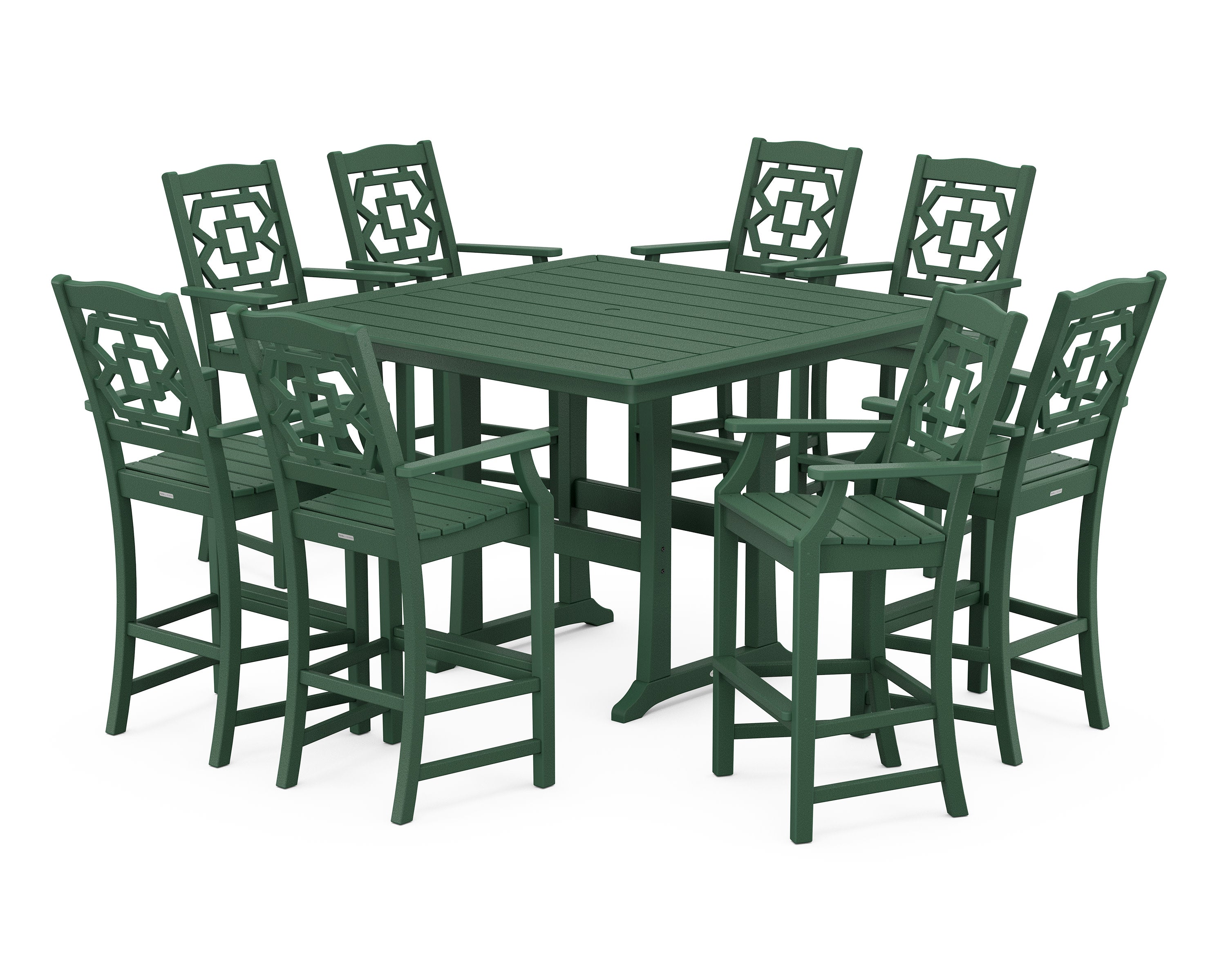 Chinoiserie 9-Piece Square Bar Set with Trestle Legs in Green