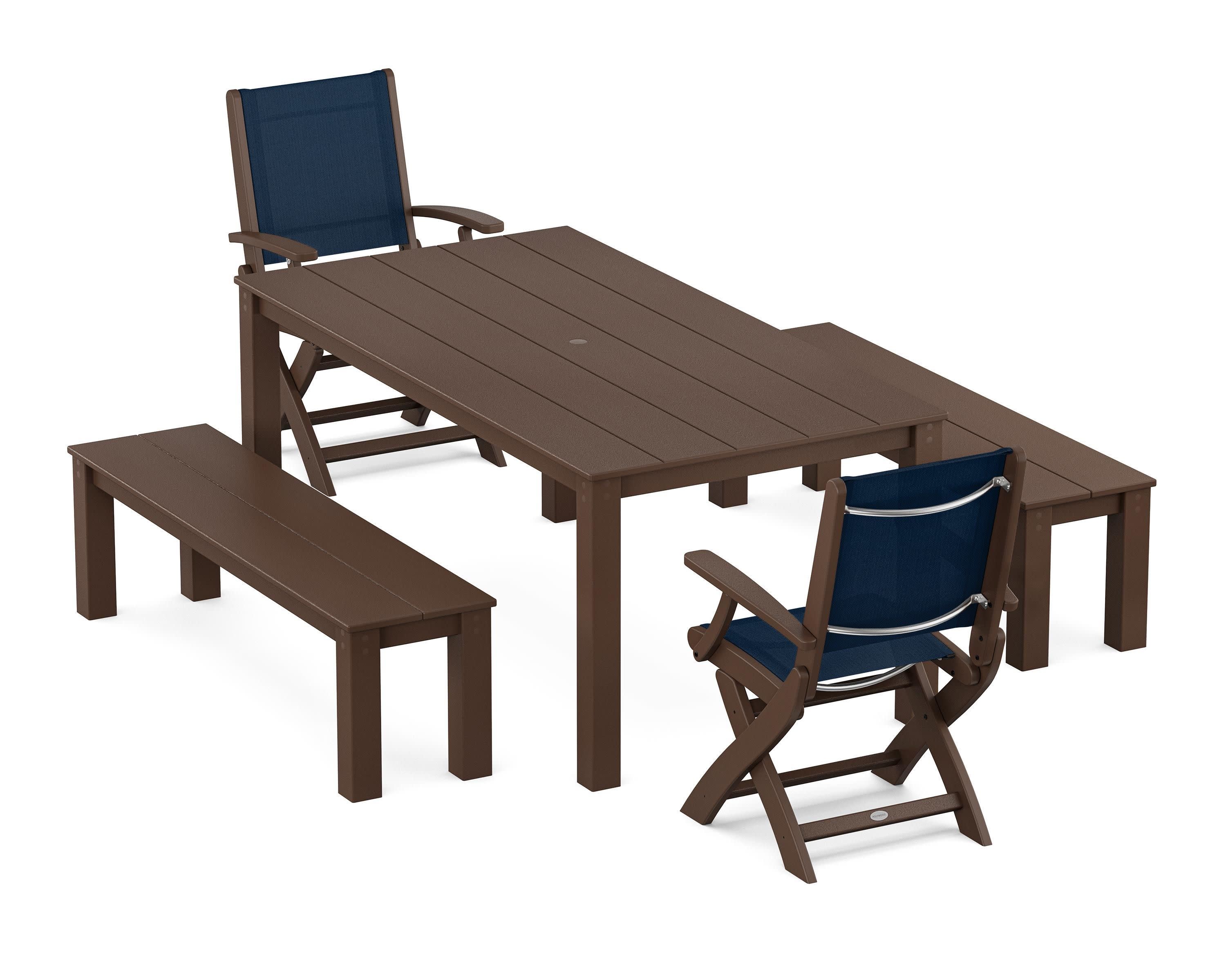 Coastal Folding Chair 5-Piece Parsons Dining Set with Benches in Mahogany / Navy Blue Sling