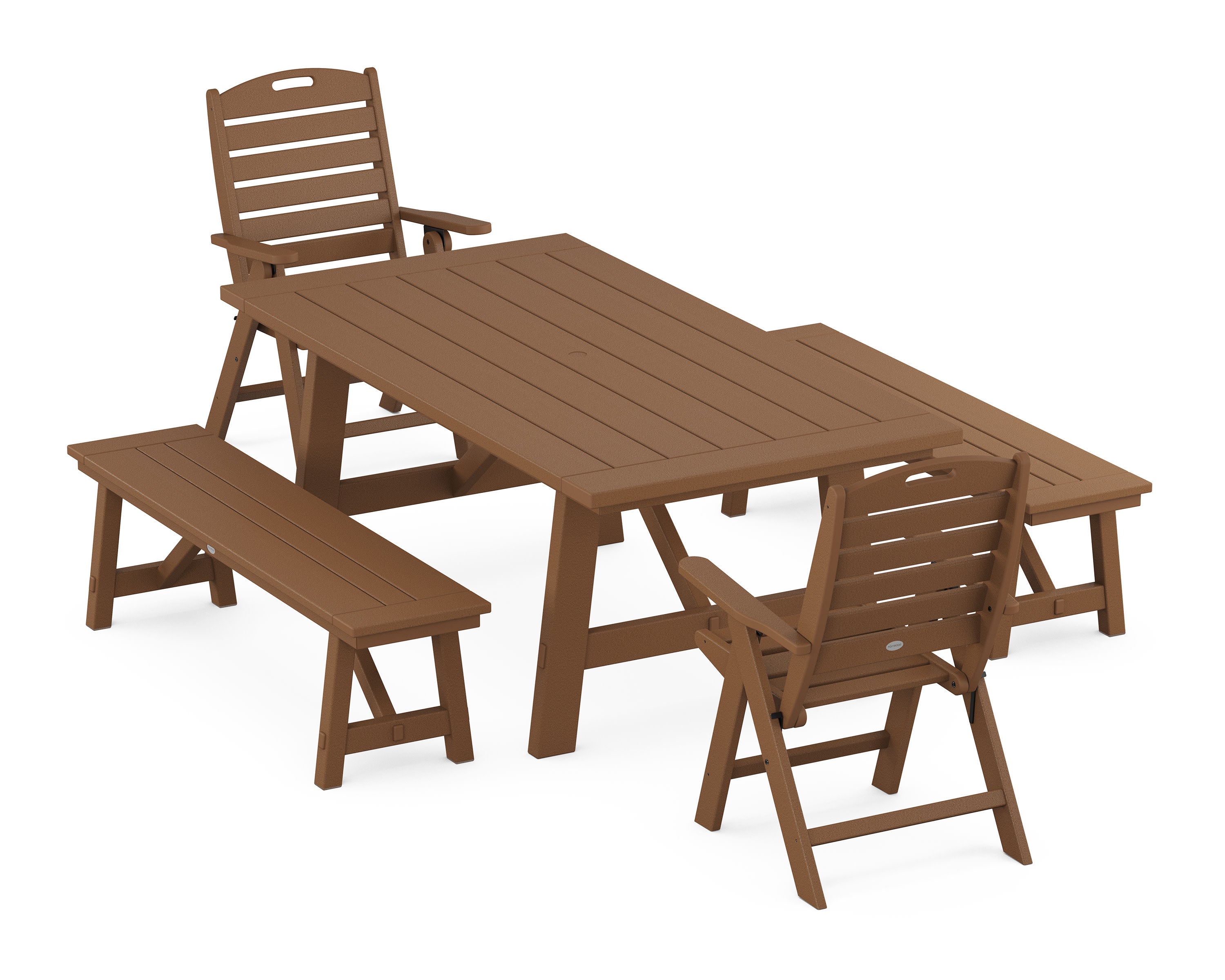 Nautical Folding Highback Chair 5-Piece Rustic Farmhouse Dining Set With Benches in Teak