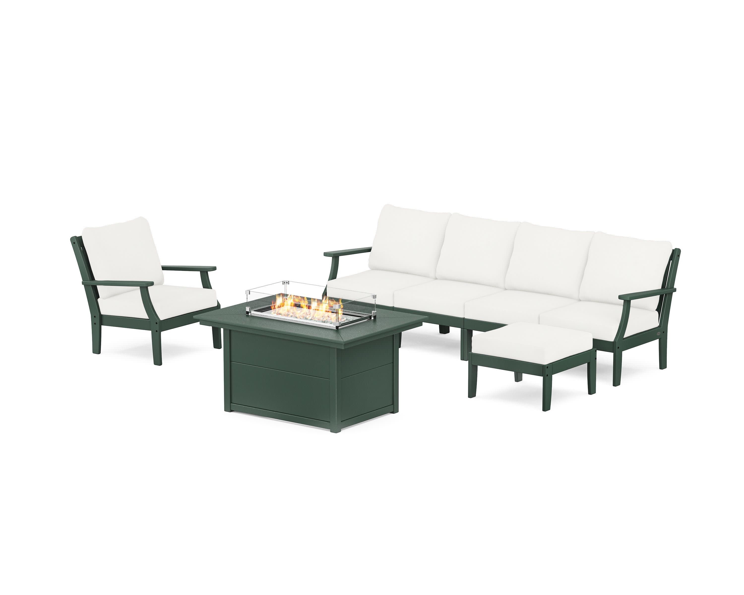 Braxton Sectional Lounge and Fire Pit Set in Green / Natural Linen