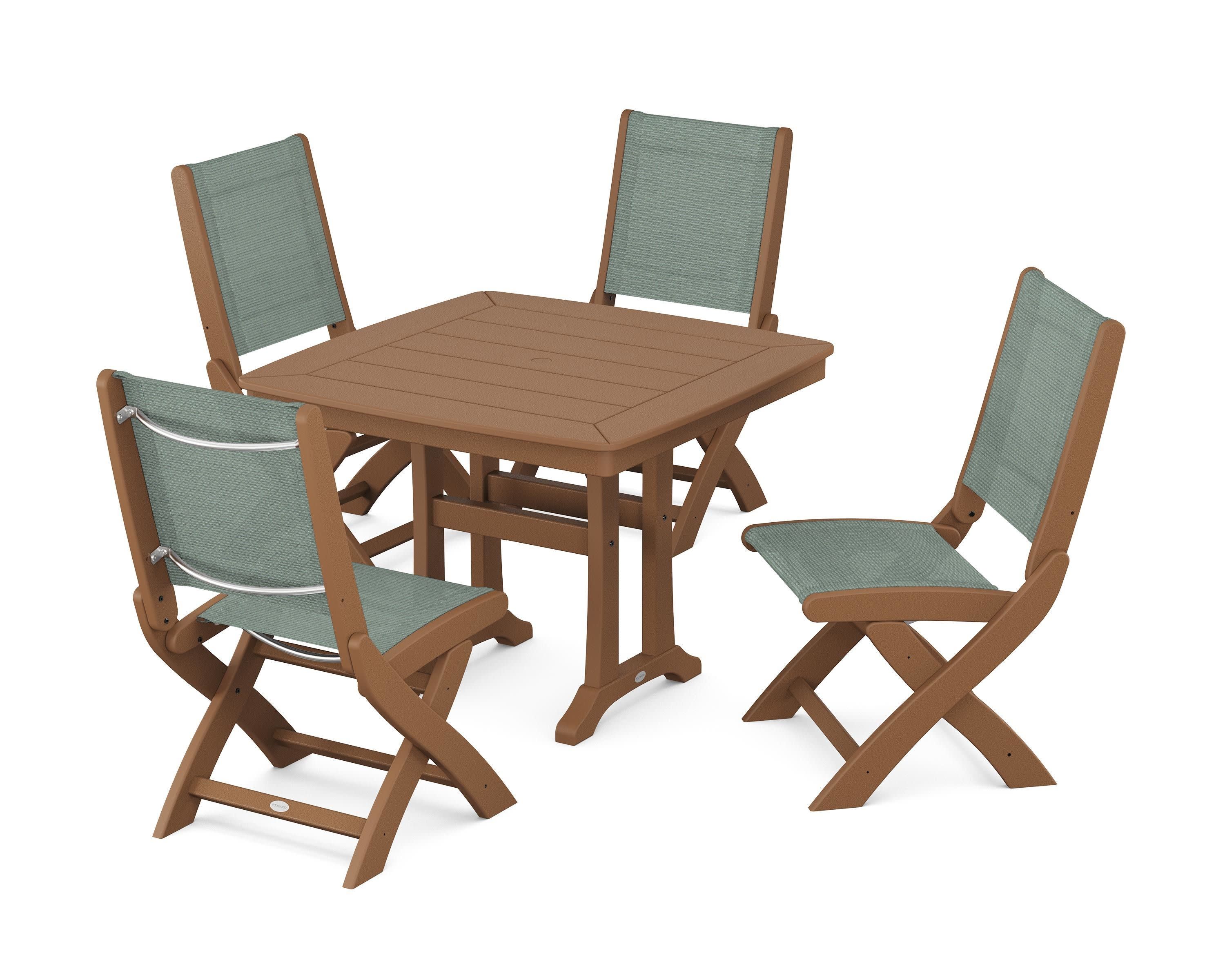 Coastal Folding Side Chair 5-Piece Dining Set with Trestle Legs in Teak / Dupioni Sea Mist Sling