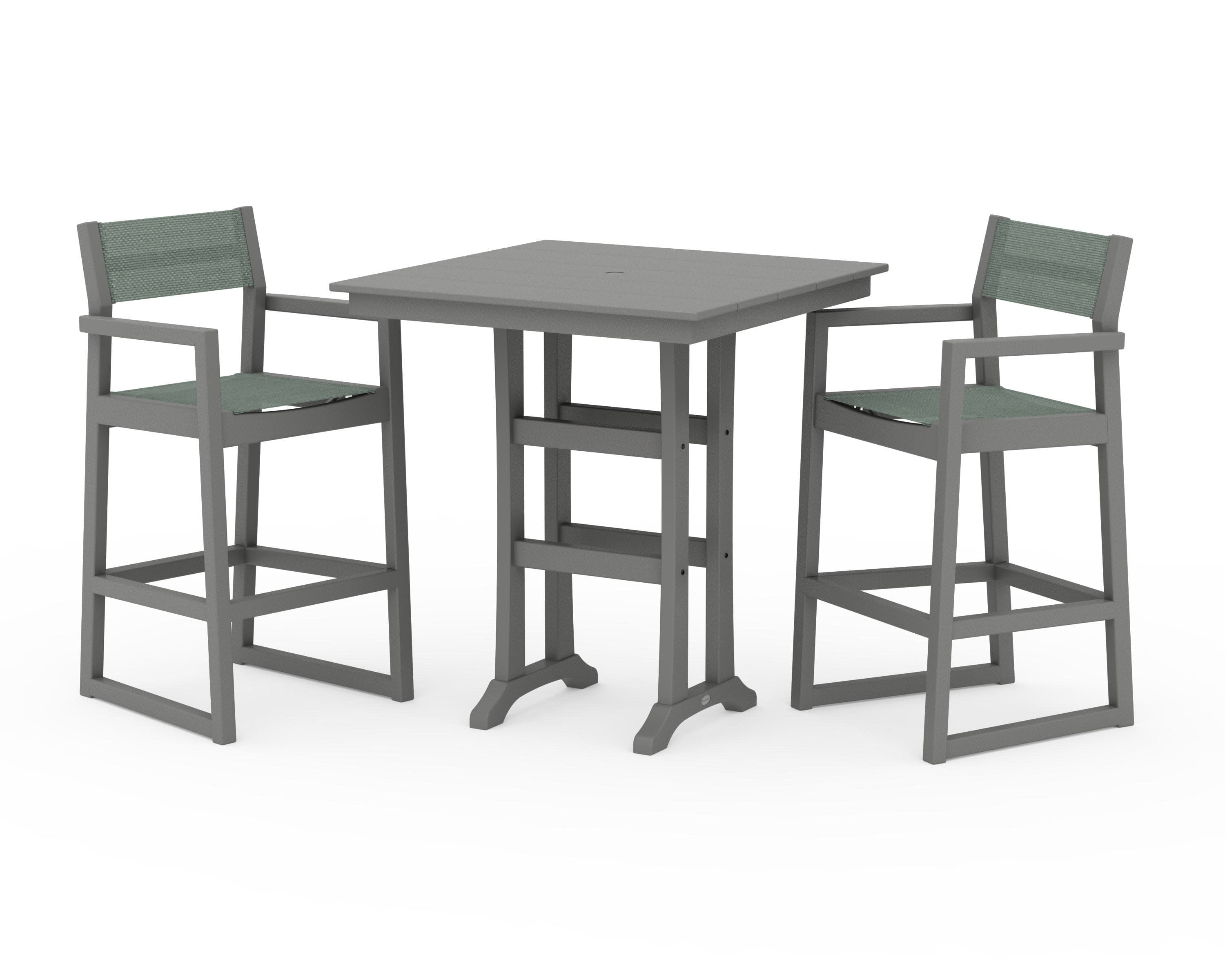 EDGE Sling Arm Chair 3-Piece Farmhouse Bar Set with Trestle Legs in Slate Grey / Dupioni Sea Mist Sling