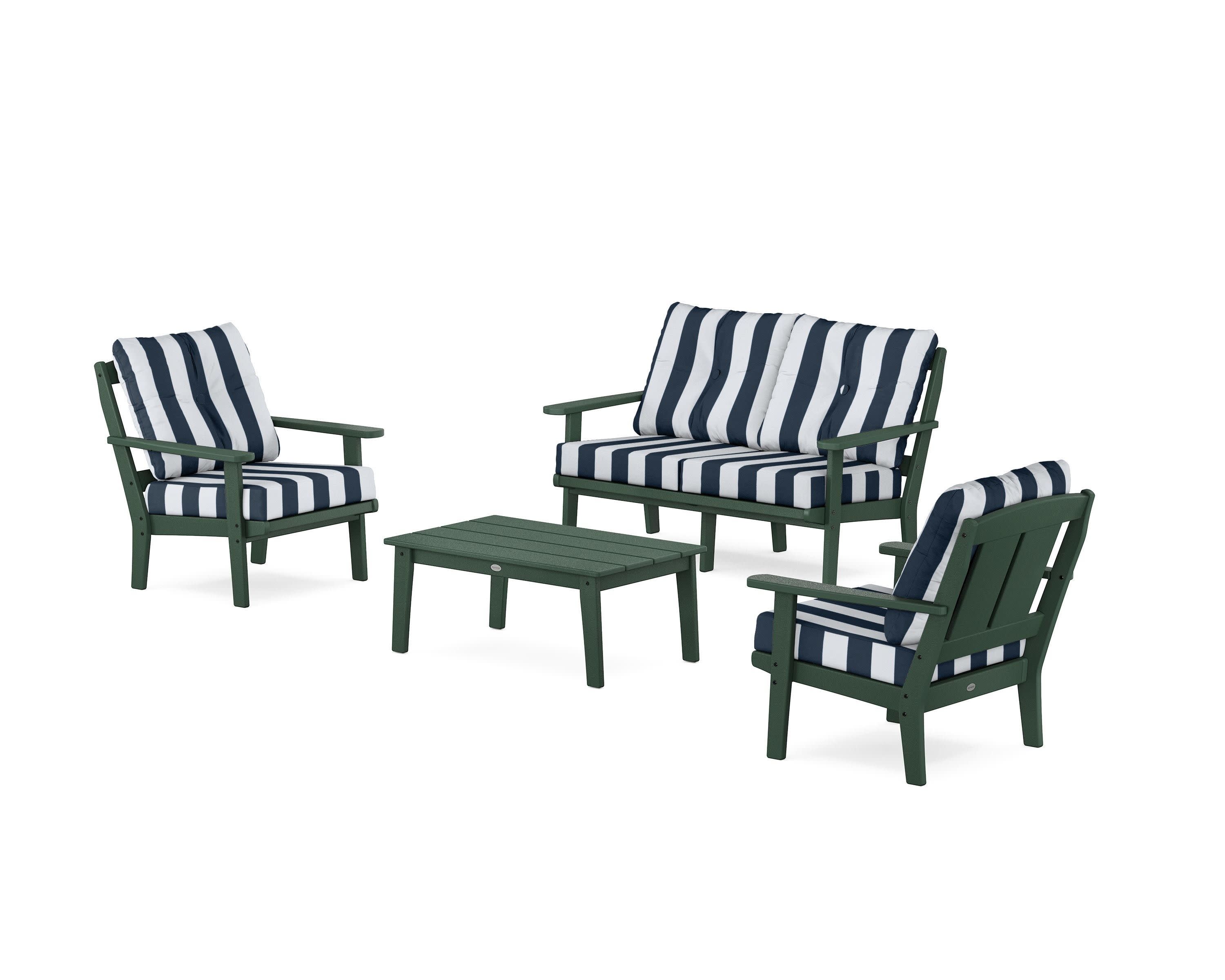 Mission 4-Piece Deep Seating Set with Loveseat in Green / Cabana Stripe Marine Indigo