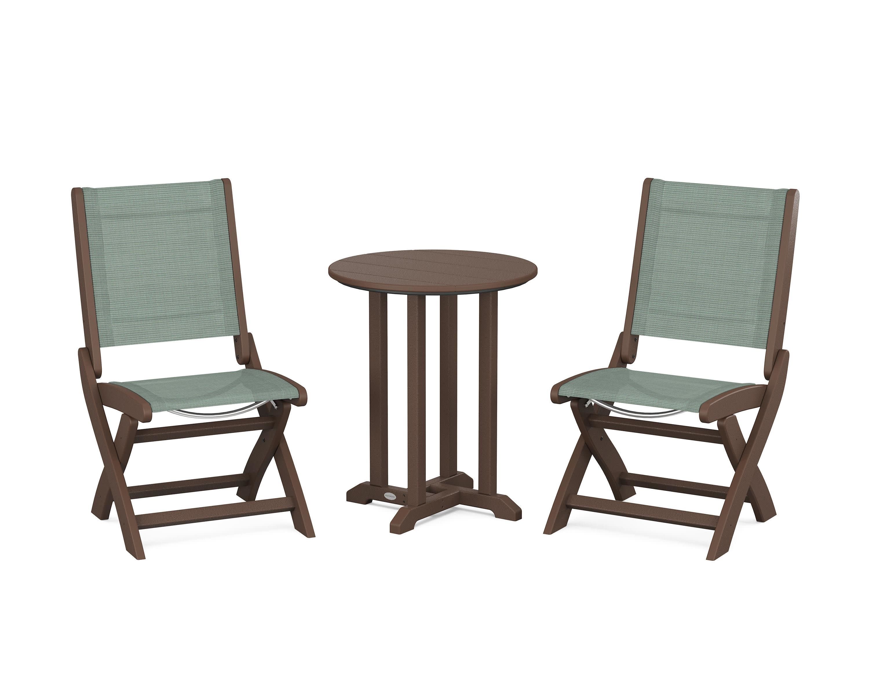 Coastal Folding Side Chair 3-Piece Round Bistro Dining Set in Mahogany / Dupioni Sea Mist Sling