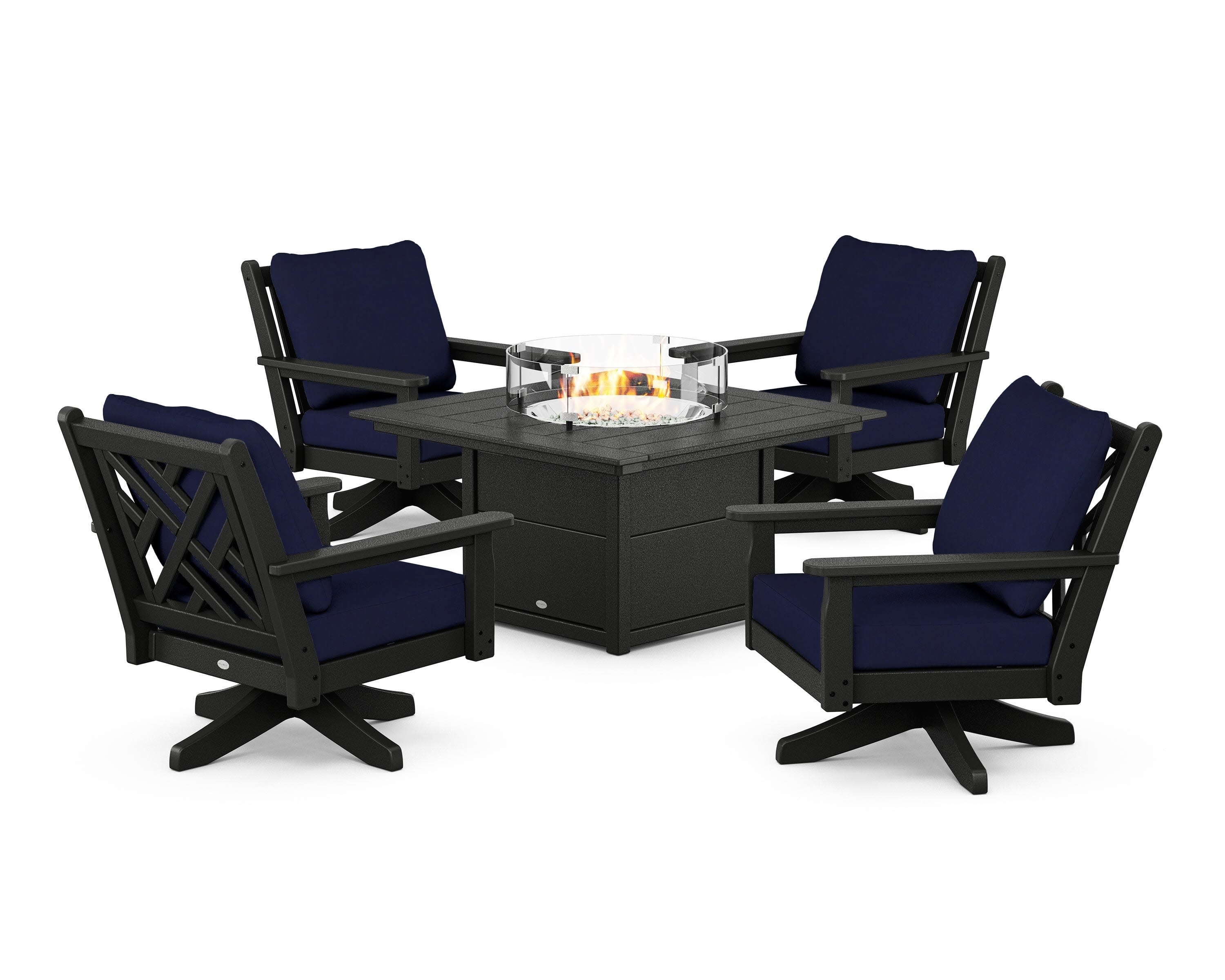 Chippendale 5-Piece Deep Seating Swivel Conversation Set with Fire Pit Table in Black / Navy