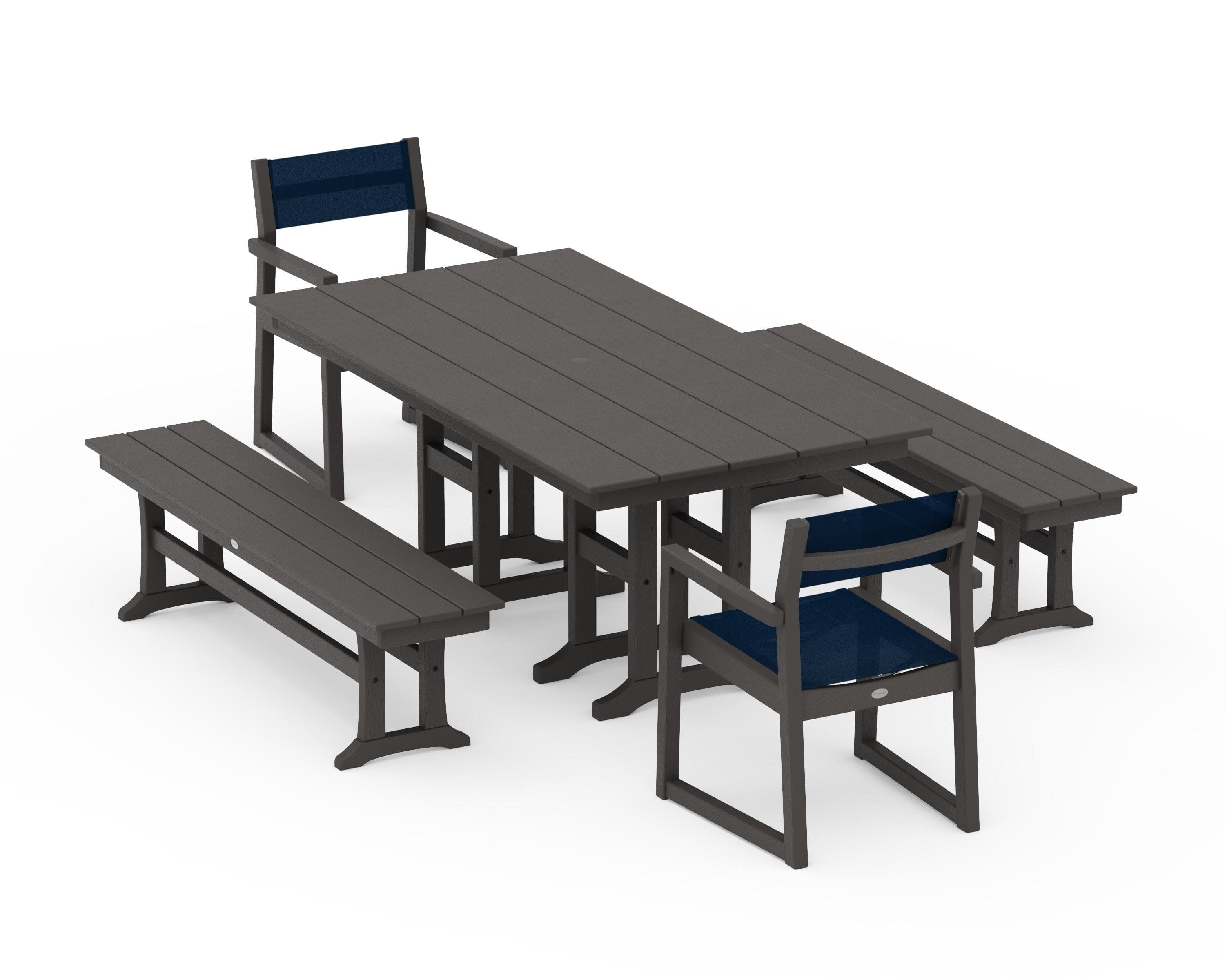 EDGE Sling Arm Chair 5-Piece Farmhouse Dining Set with Benches in Vintage Coffee / Navy Blue Sling