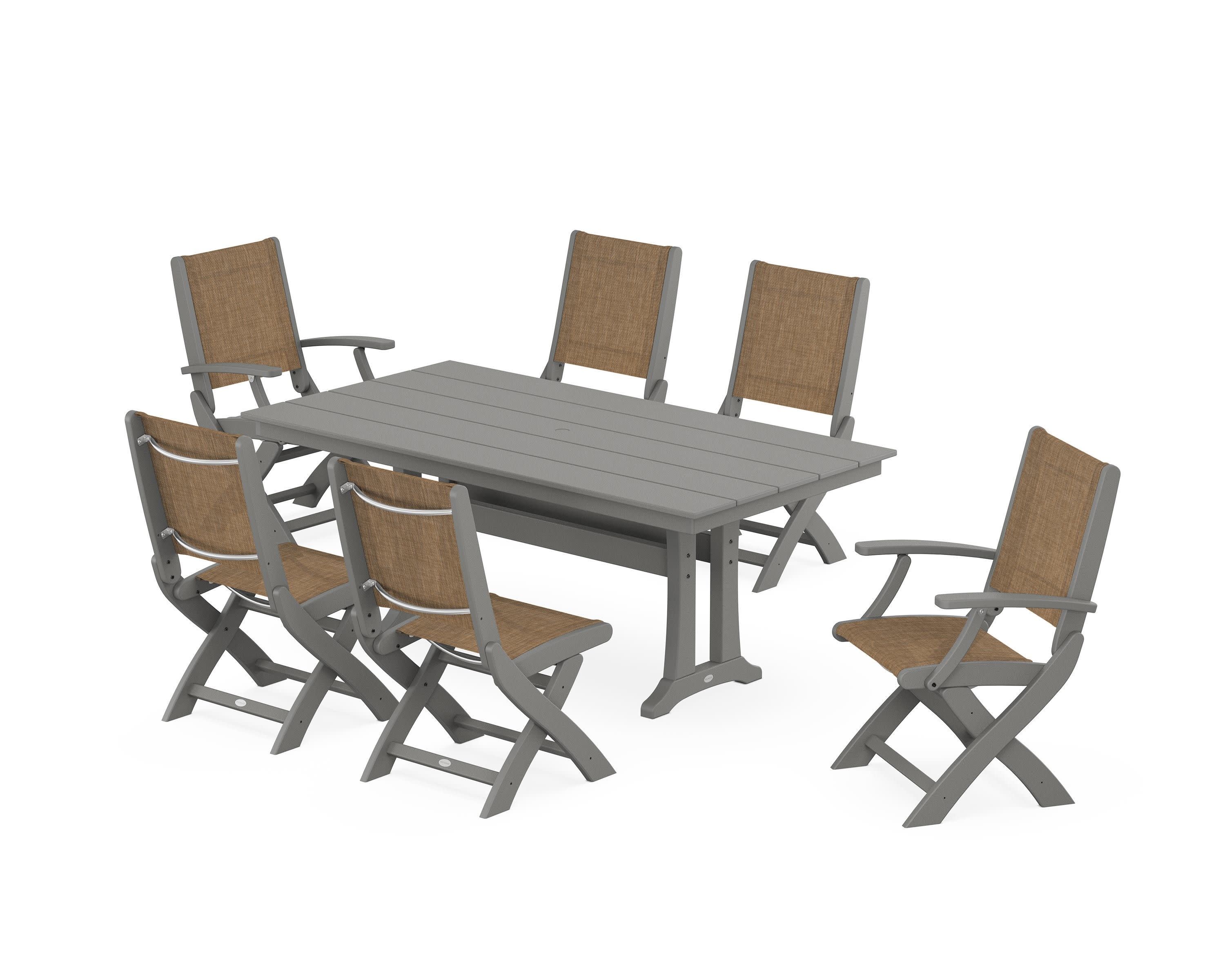 Coastal Folding Chair 7-Piece Farmhouse Dining Set with Trestle Legs in Slate Grey / Burlap Sling