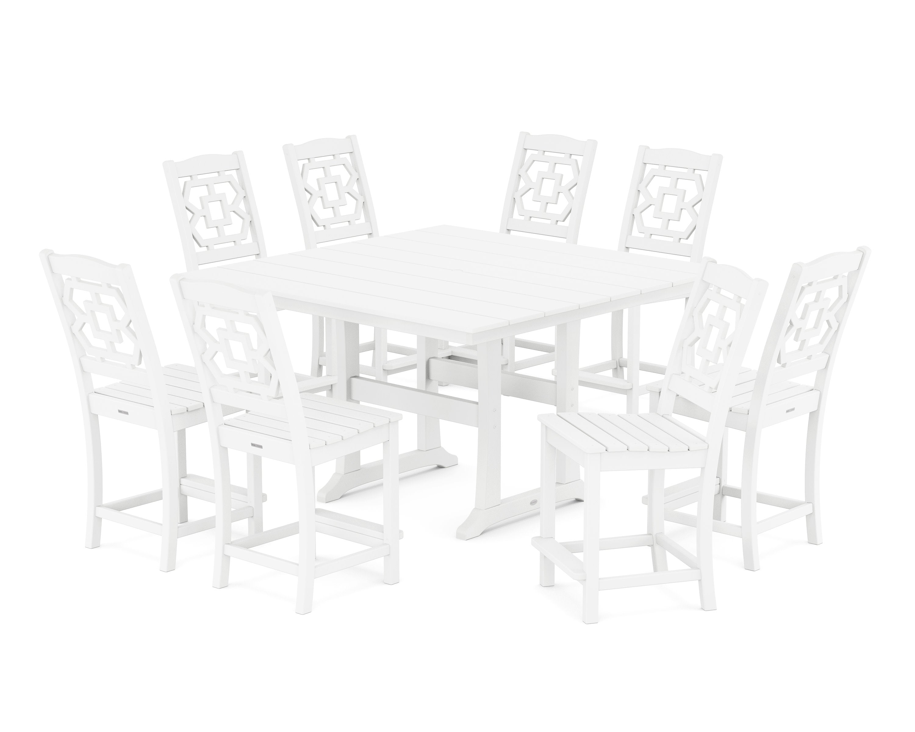 Chinoiserie 9-Piece Square Farmhouse Side Chair Counter Set with Trestle Legs in White