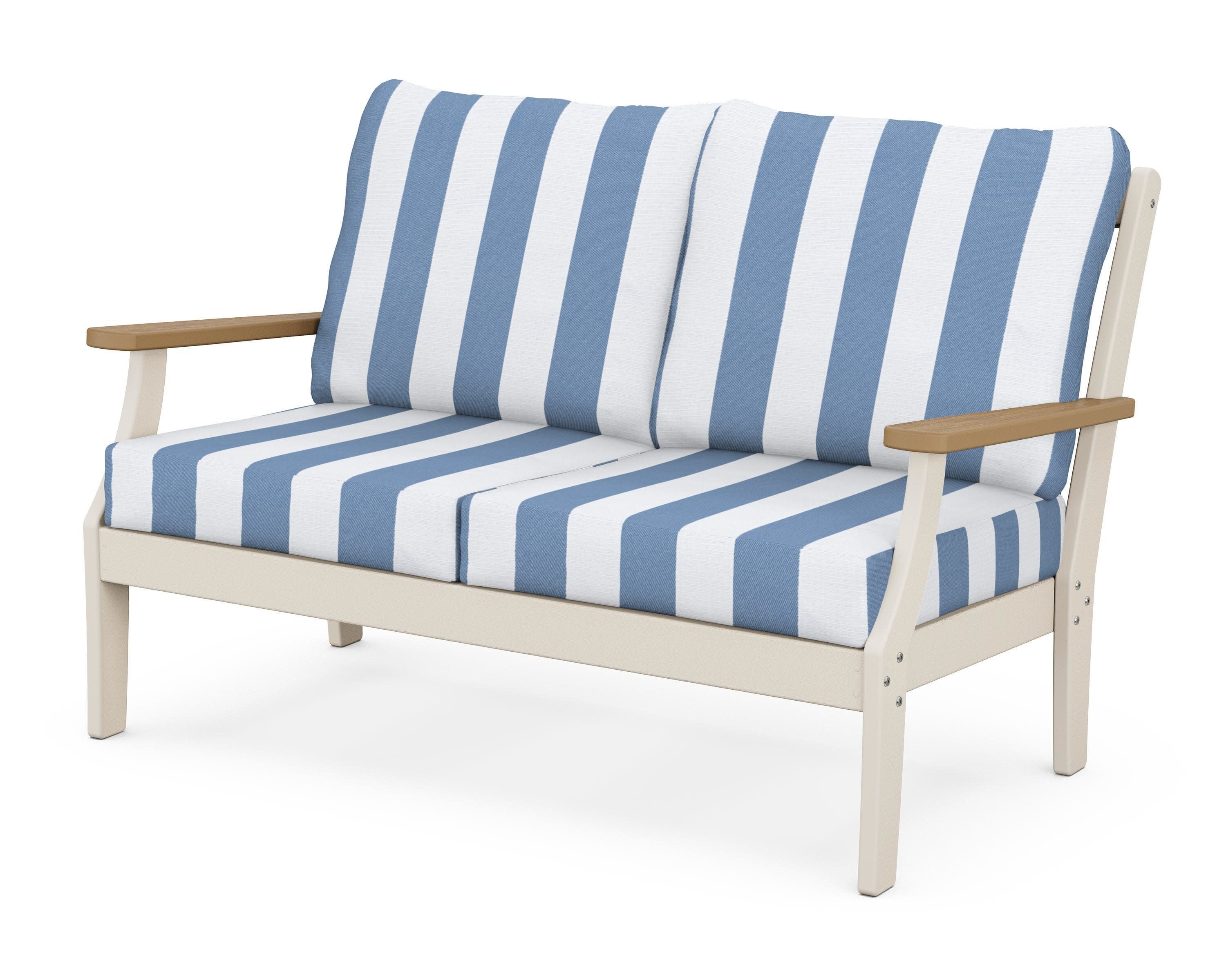Braxton Deep Seating Loveseat in Sand / Natural / Cabana Stripe Sky Blue