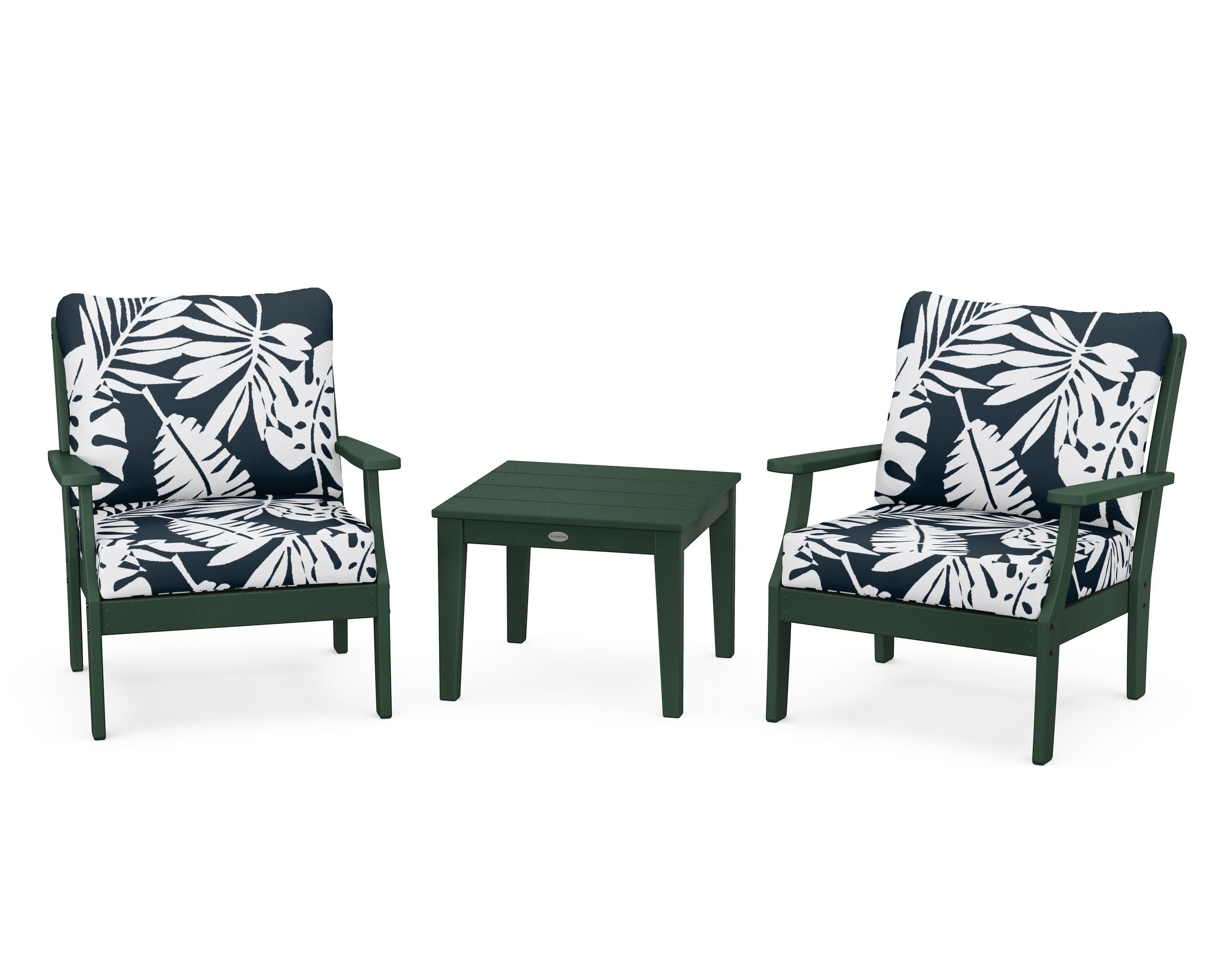 Braxton 3-Piece Deep Seating Set in Green / Leaf Marine Indigo